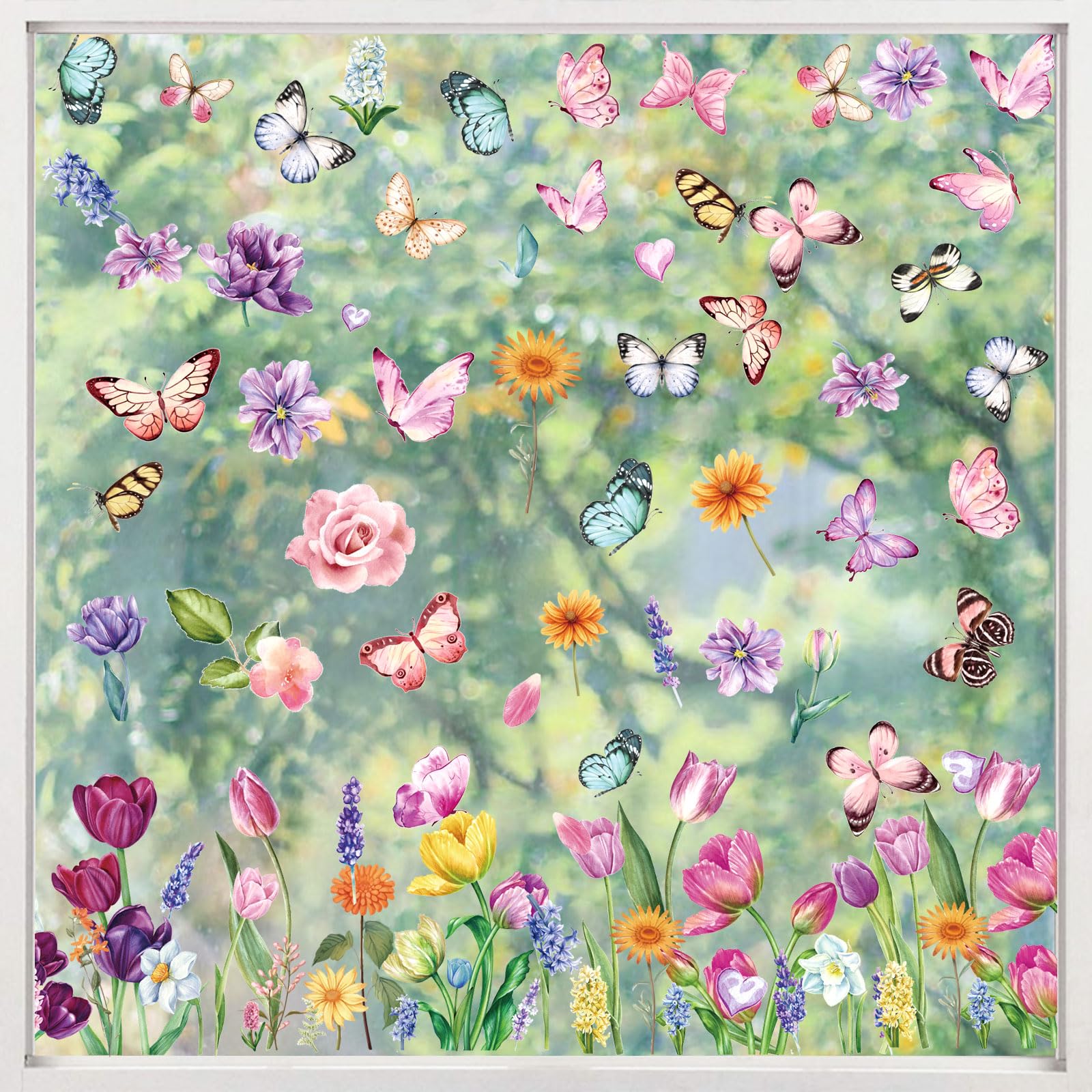 KIKISML 132 Pcs Spring Window Clings, 9 Sheets Window Decoration Tulip Butterfly Flower Clings for Window Glass Decoration Spring Party Baby Shower Birthday Supplies