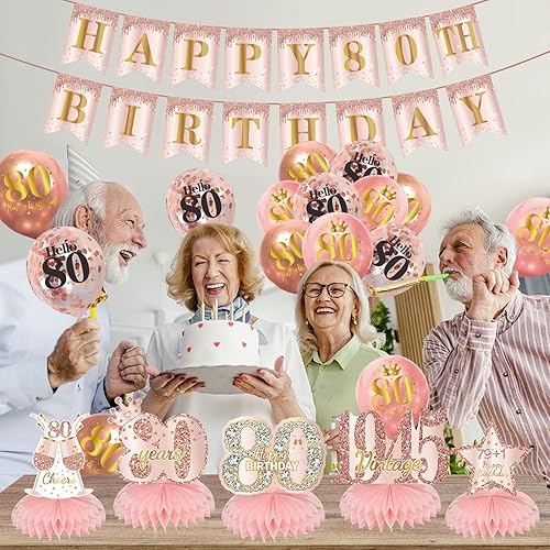 Miniatura 5 de Decoraciones de cumpleaños número 80 para mujer, pancarta de feliz cumpleaños 80 de oro rosa rosa con globos para centros de mesa, suministros de
