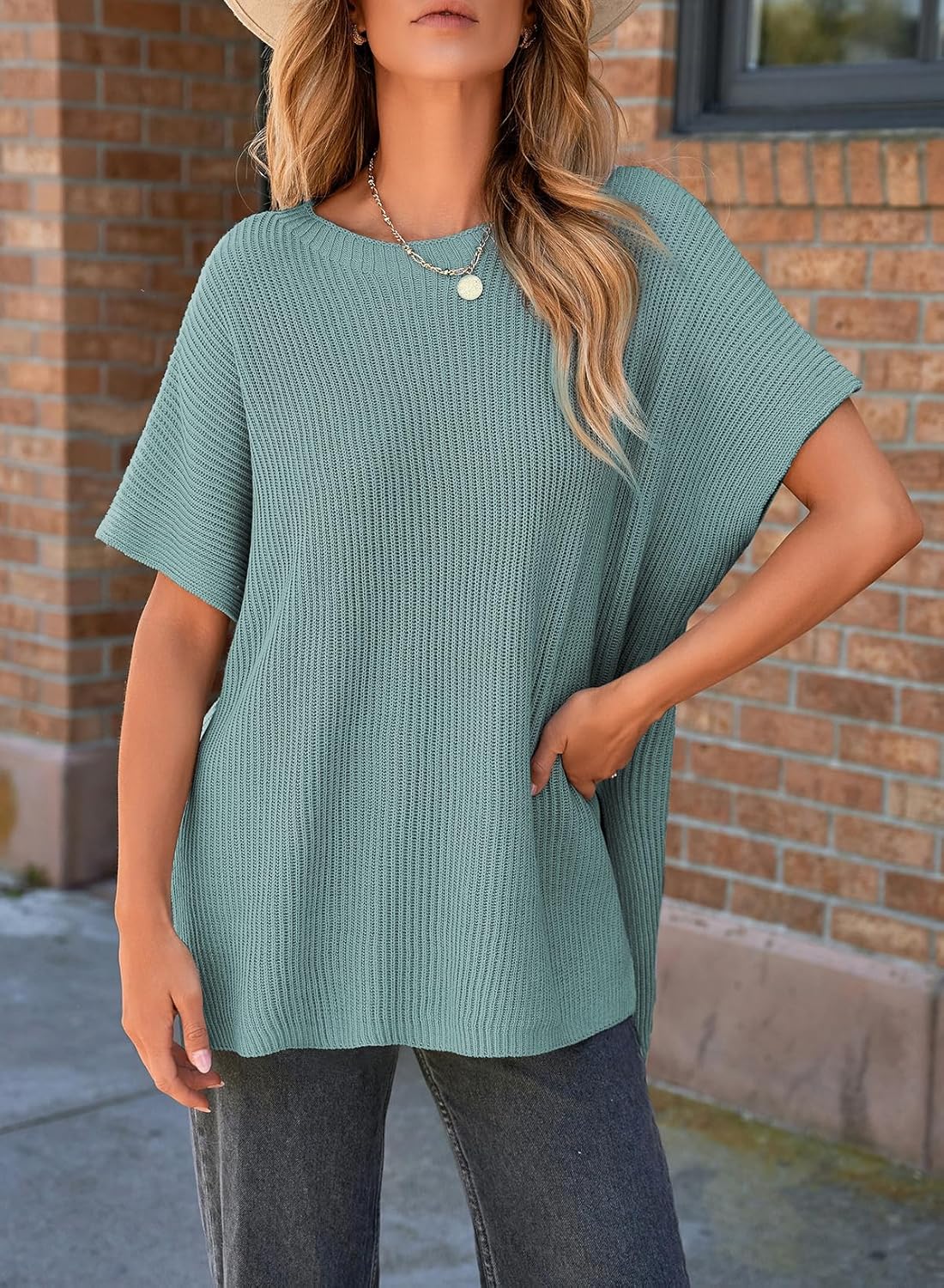 SHEWIN Womens Tops Crewneck Short Sleeve Sweater Causal Tunic Tops Lightweight Summer Sweaters for Women - Image 3