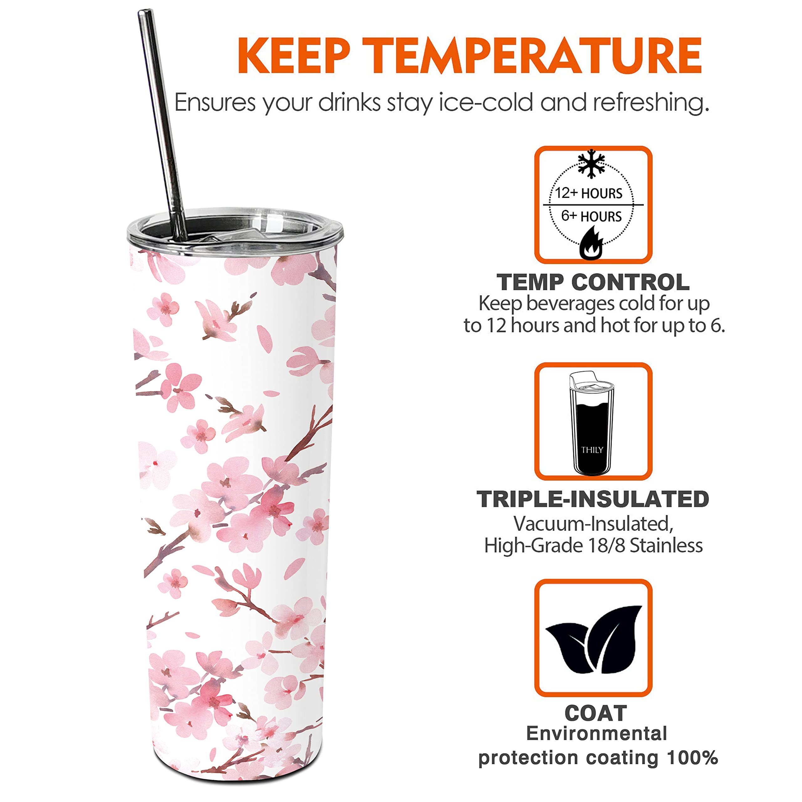 Vaso flaco floral con pajita y tapa, 20 onzas, doble pared, acero inoxidable, aislado al vacío, café, vino, té, regalo para mujeres, color rosa