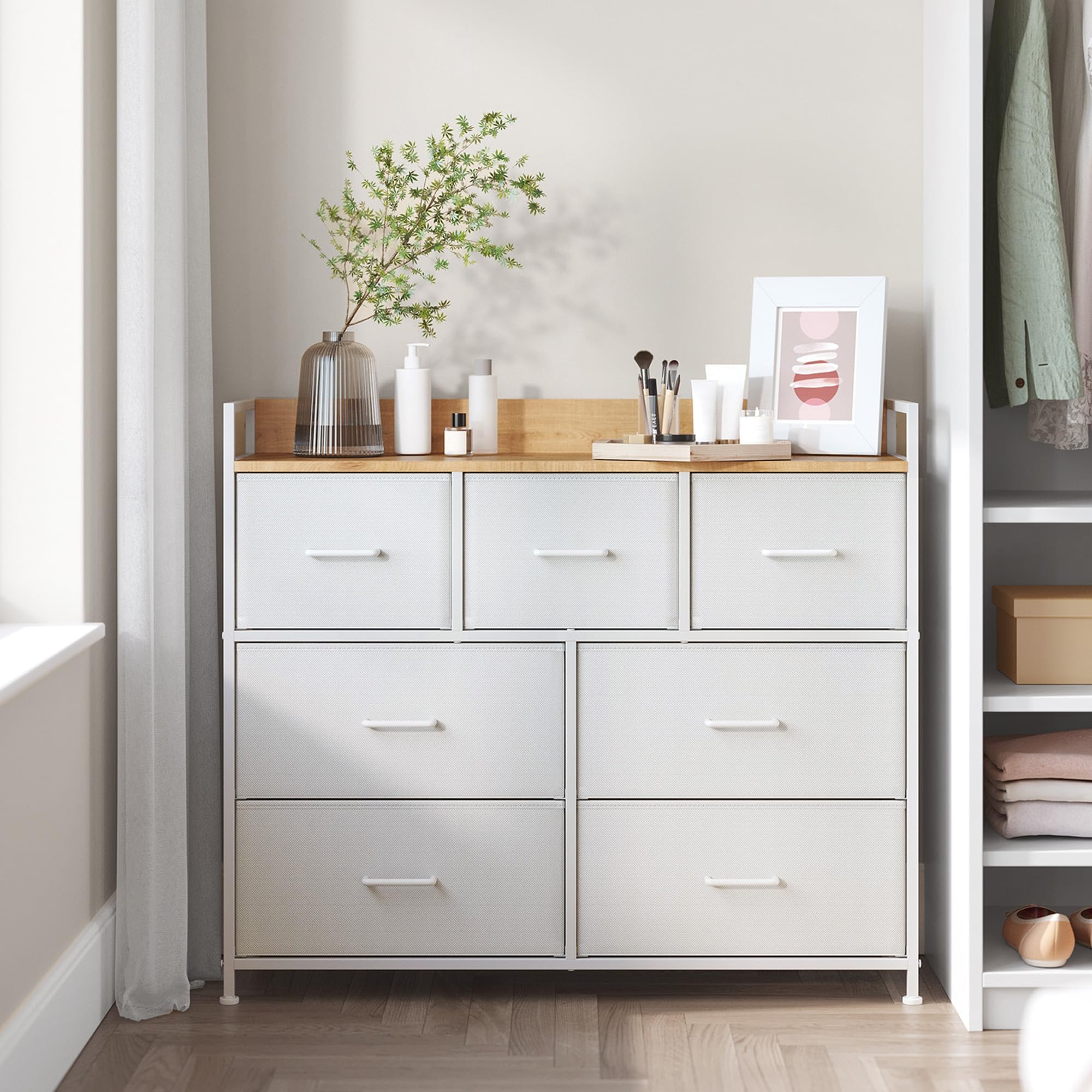 SONGMICS Chest of Drawers, Bedroom Cabinet, 7 Fabric Drawers with Handles, Metal Frame, Cream White and Oak Beige BELLAH Collection LTS523WH01