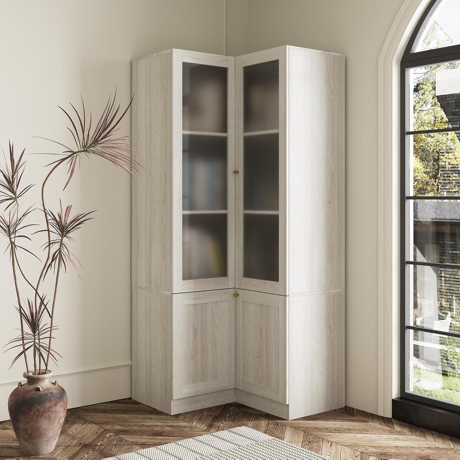 31.5" W Corner File Cabinet with Frosted Glass Doors, 3-Tier Bookshelf with 2 Doors Storage, Display Cabinet with L-Shape Shelf for Living Room Home Office, Wood Grain Corner