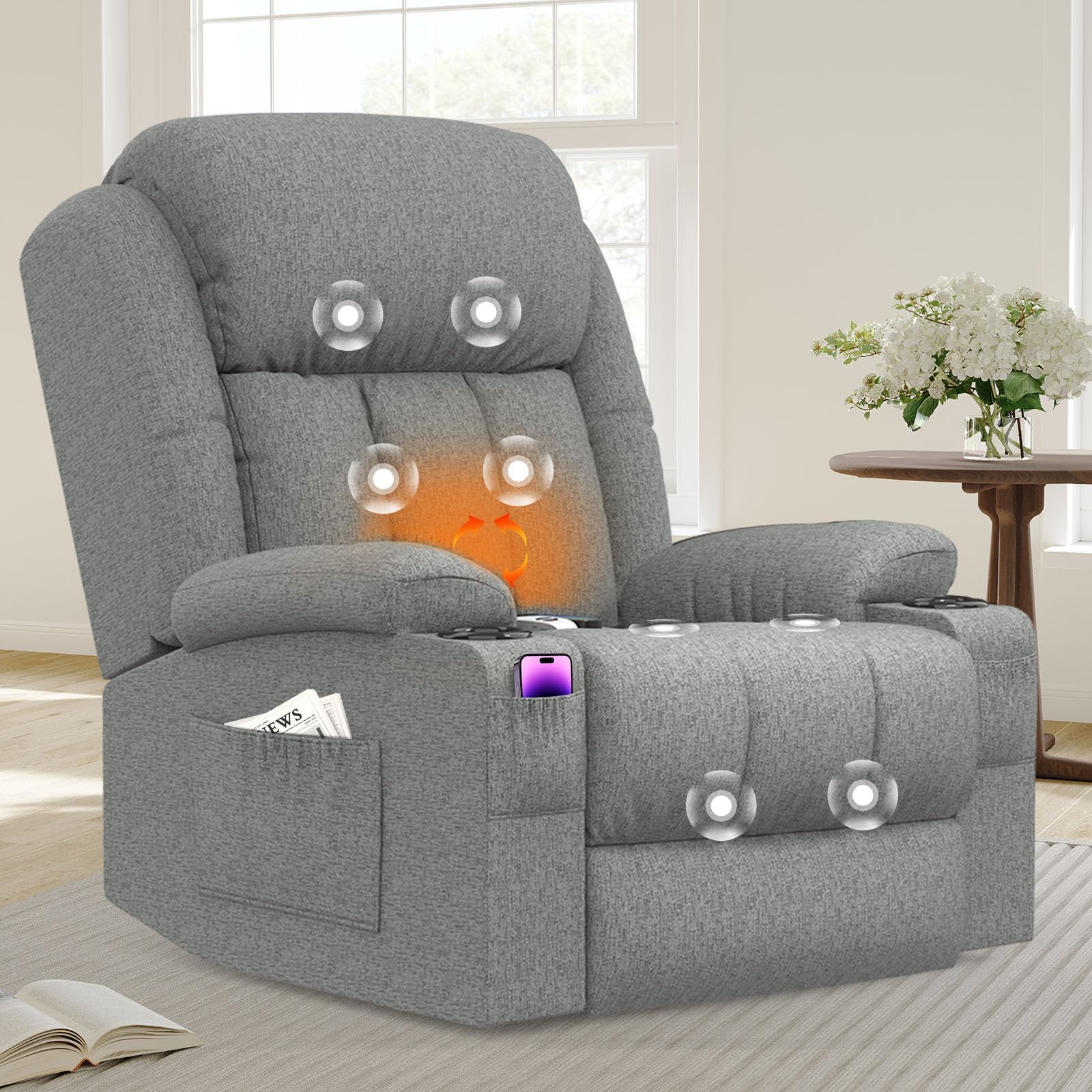 Poltrona Relax Elettrica 150° Poltrone Massaggiante Reclinabile Con Riscaldamento Lombare, Poggiapiedi Esteso, Porte USB + Tipo C, 2 Portabicchieri, Elettrica Alzapersona Poltrona Anziani Sofa