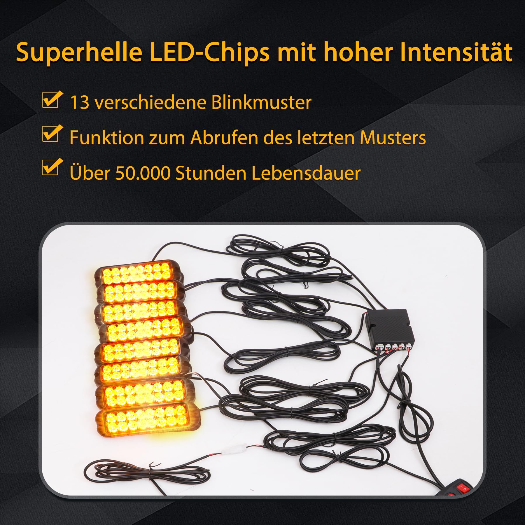 8X16LED Warnlicht Frontblitzer - 12V/24V Blinklicht Stroboskoplicht Warnleuchte, IP67 Wasserdicht Warnung Blinklichter Strobe 13Modi Blitzmodul für Truck Traktor Emergency KFZ LKW(Gelb)