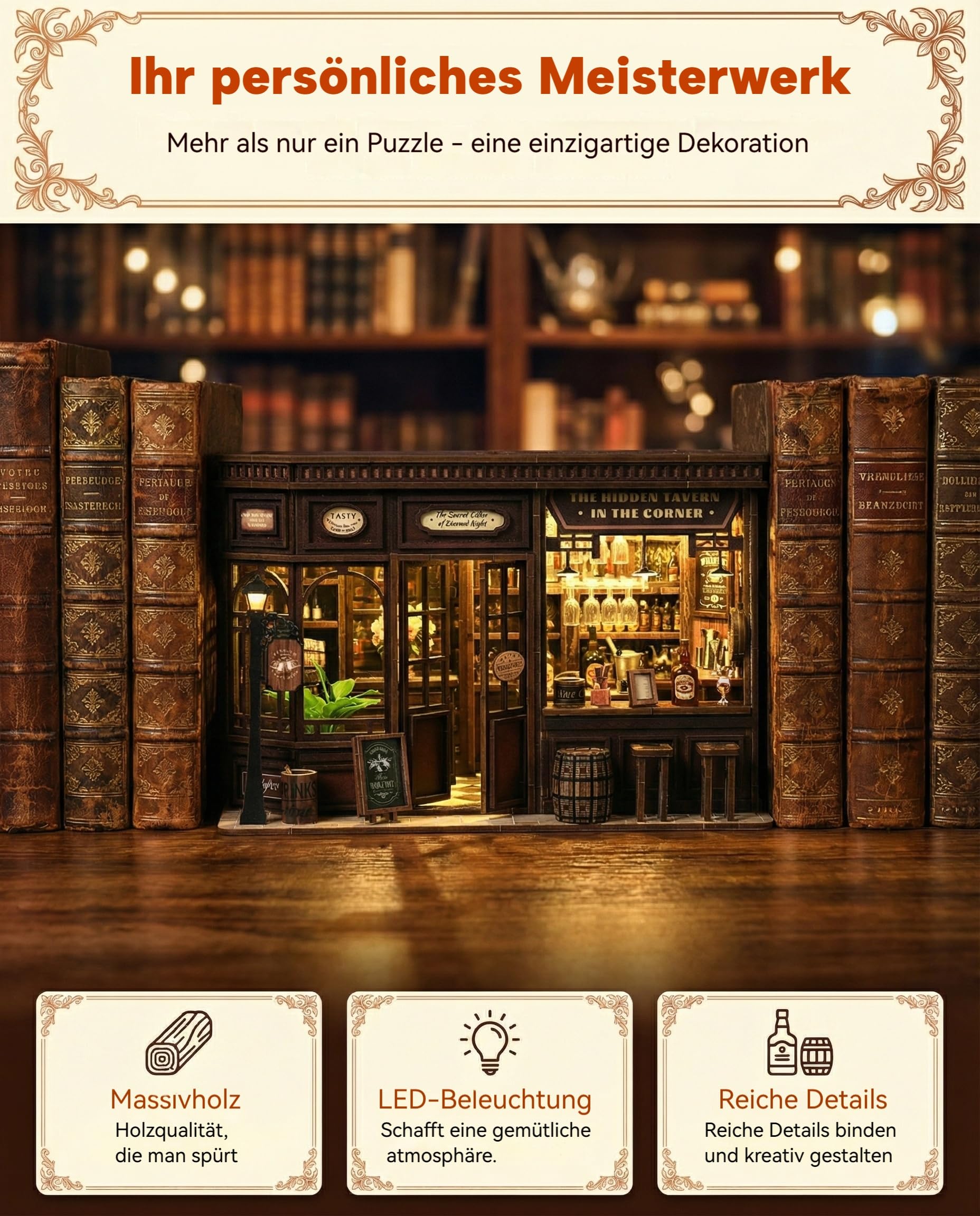 Book Nook Kit Taverne DIY Holz – 3D Puzzle Miniatur Haus mit LED Licht & Touch Sensor – Vintage Kneipe Bücherregal Deko & Buchstütze – Einsteigerfreundlich Geschenk für Erwachsene (Taverne)