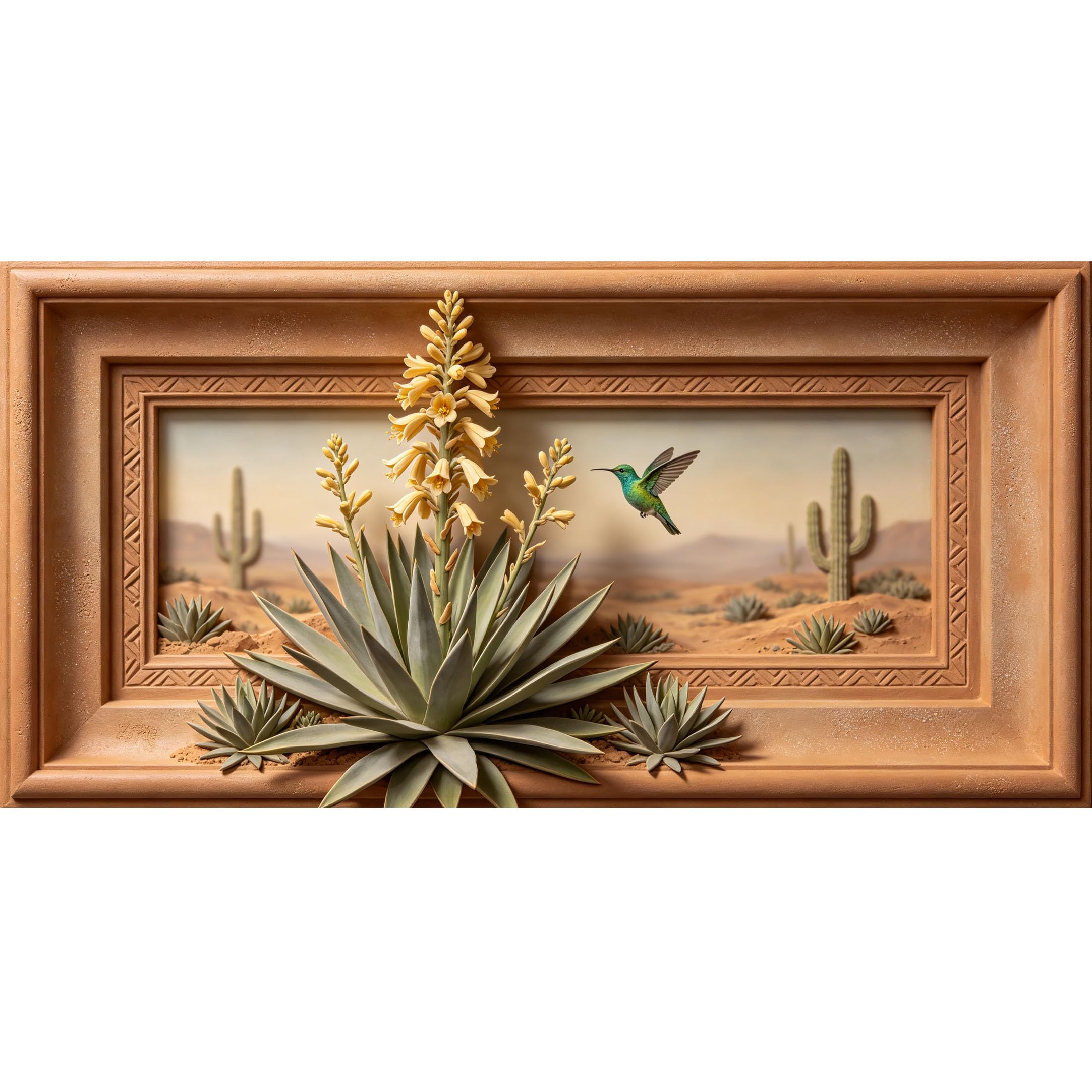 Agglomerix 3D Framed Wall Art Hummingbird Desert Cactus Succulent Floral Botanical Relief Effect Large Size Self-Adhesive Removable Wall Decor Prints Artwork for Living Room Bedroom Office