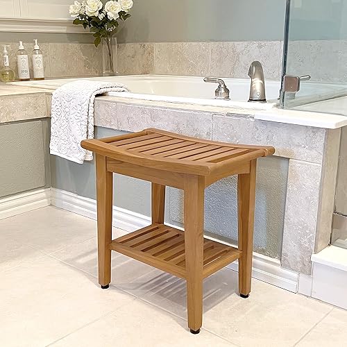 Miniatura 2 de Kasa Banco de teca maciza para interiores y exteriores, para ducha/baño/spa con estante inferior, totalmente montado, DB-916