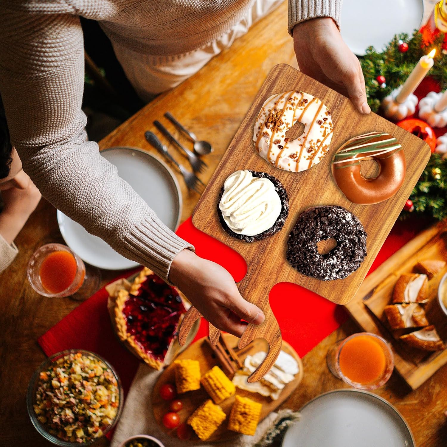 Sliner 4 Pcs Reindeer Christmas Charcuterie Boards Thick Wooden Cutting Boards with Antler Handle Deer Bread Board Cheese Chopping Board for Kitchen Gift Housewarming Wedding(Large, Small)