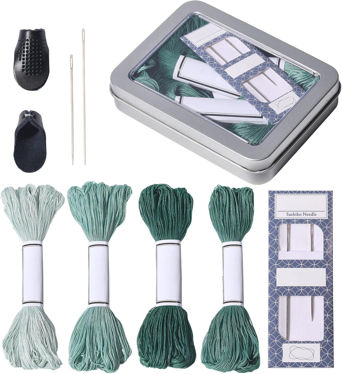 FREEBLOSS Complete Sashiko Set with 4 Colors Sashiko Thread 2 Needles 2 Adjustable Thimble Sewing Tools for Hand Sewing Thread and Needles Thimbles for Beginner(Green)