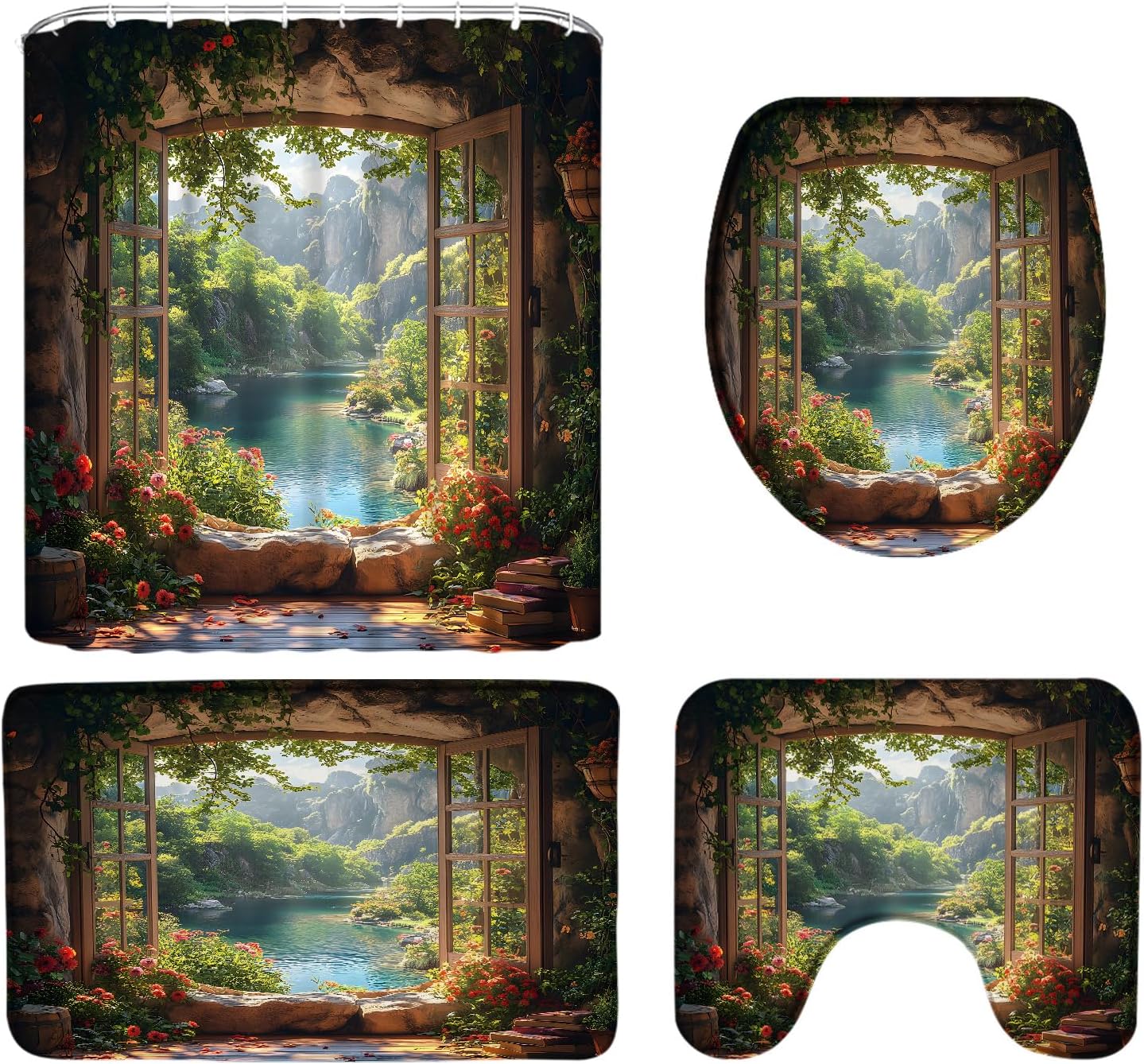 4Pcs Nature Garden Shower Curtain Sets with Rugs Forest Mountain Stone Wall Flower Green Leaf Vine Rustic Farmhouse Cabin Window Scenery Bathroom Curtain Set Bath Mat(U Shape ,Toilet Lid Cover Mat)