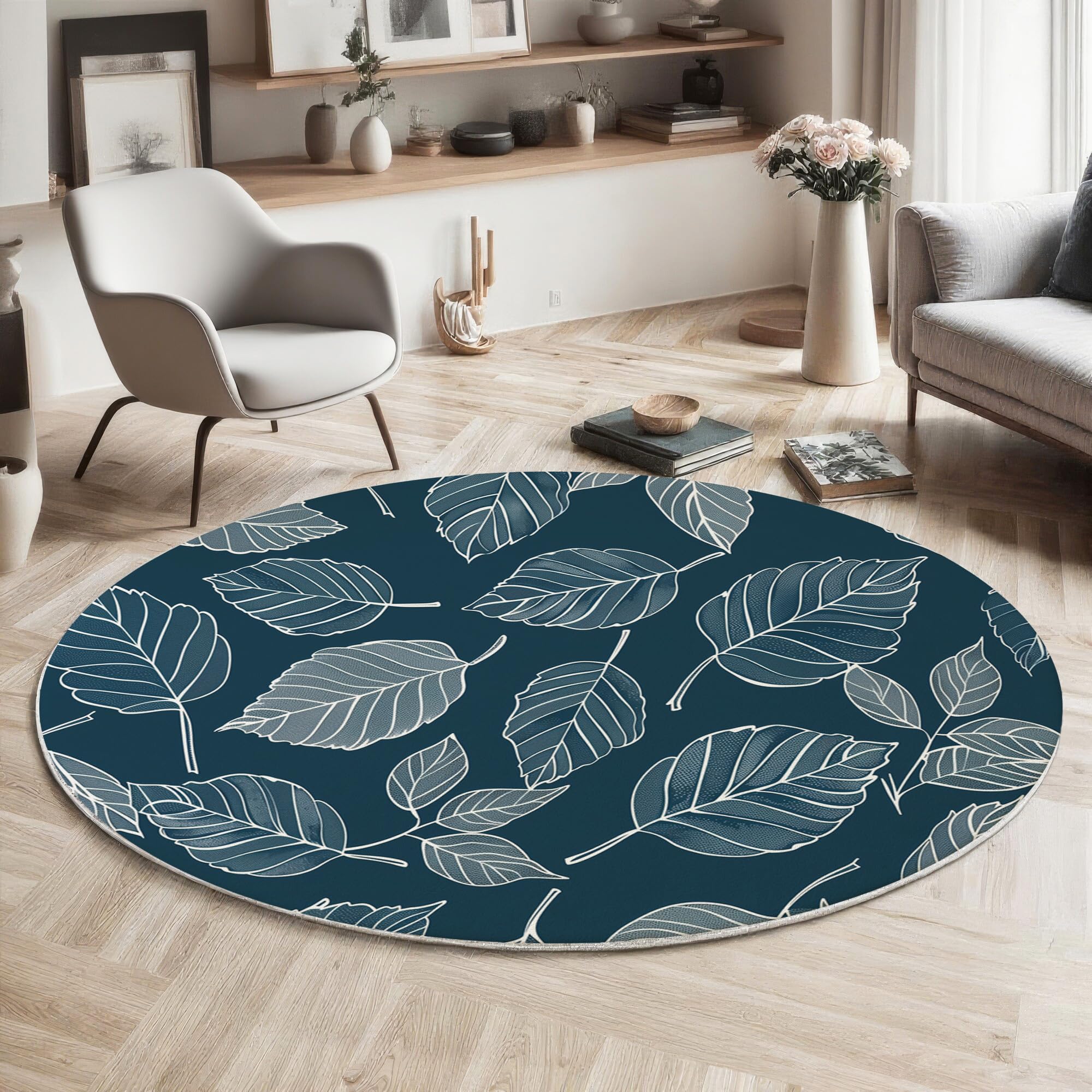 Tapis rond salon bleu ø 200cm à poil ras et moquette lavable