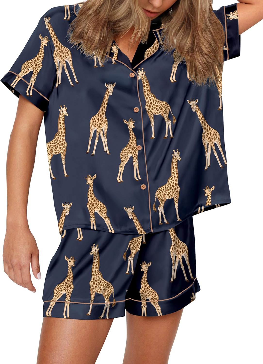 SHESHOW Satin Pajamas for Women Set Preppy Animals Pjs Short Sleeve Shorts 2 Piece Loungewear Sets XS-XXL