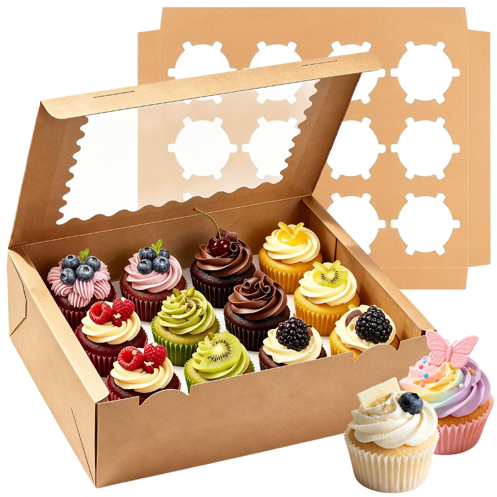 RONGZUBAT 10 Pack Kraft Brown 12 Hole Cupcake Boxes with Clear Window and Inserts, 33 x 24 x 7.5 cm Cardboard Cake Boxes for Muffins, Pastries, Bake Sales and Parties
