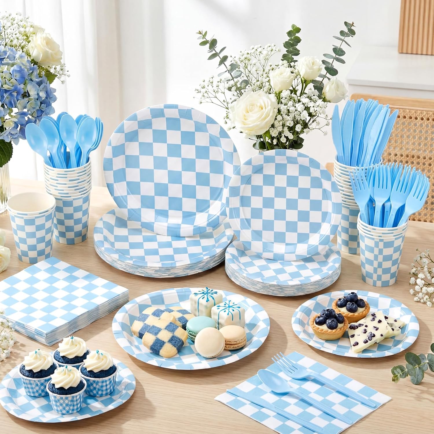 Pickmesh 400 Pcs Blue and White Checkered Party Decorations Set Light Blue Gingham Disposable Paper Plates Napkins Cups Cutlery Plaid Party Decorations for Baby Shower Wedding Birthday Serve 50
