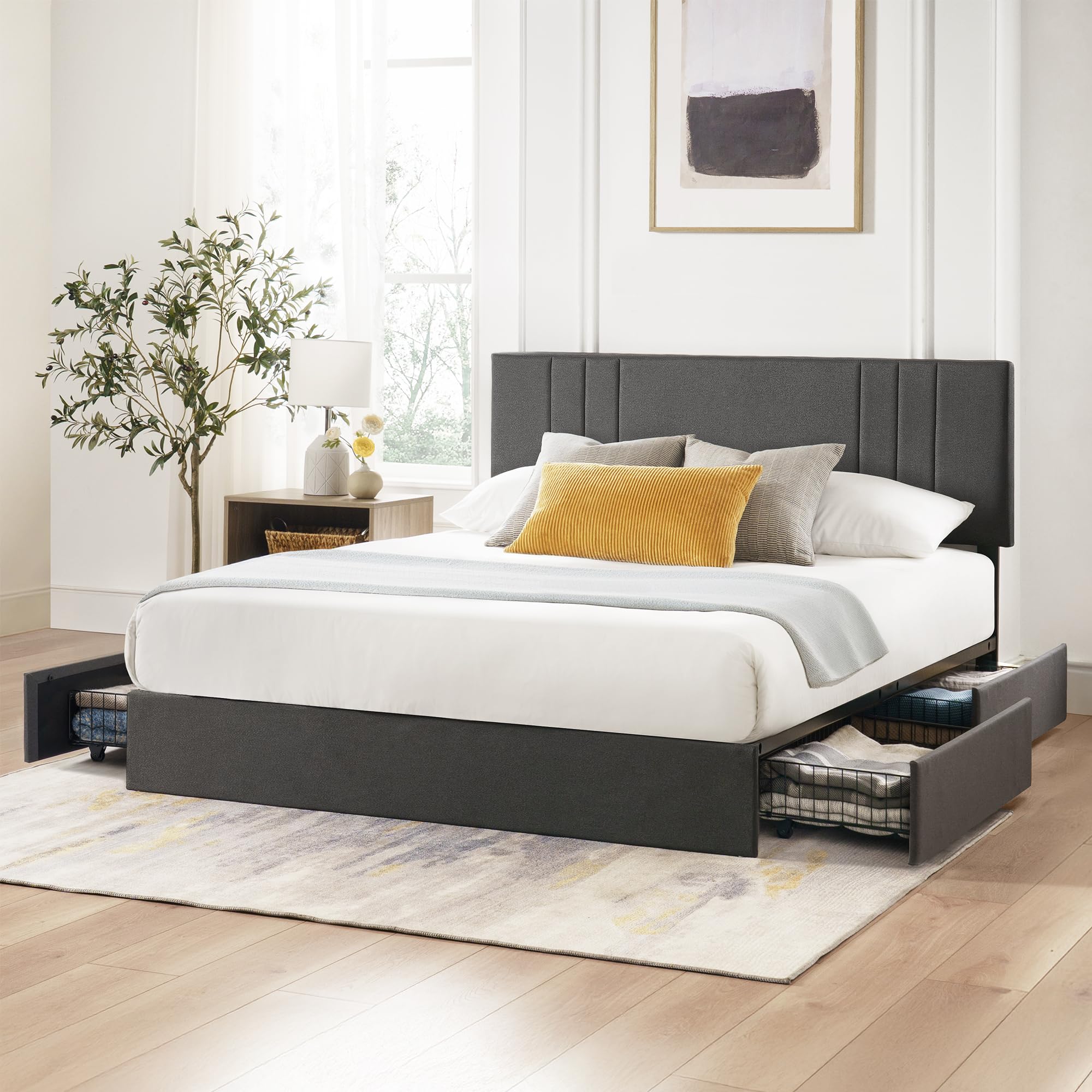 Zinus Billie Platform Bed Frame, Four Underbed Storage Drawers, Height Adjustable Headboard, Upholstered Style, King