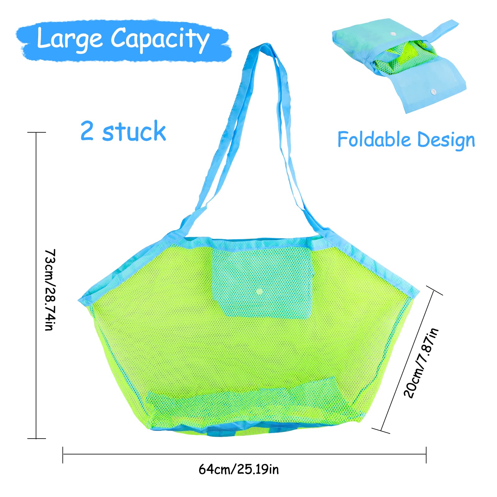 Bolsa de playa de 2 piezas – Reutilizable de malla para juguetes, ligera y plegable para niños, ideal para almacenamiento (40 x 40 x 24 cm) (2)