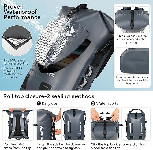 Miniatura 4 de MARCHWAY Mochila impermeable para senderismo, kayak (gris, 45L)