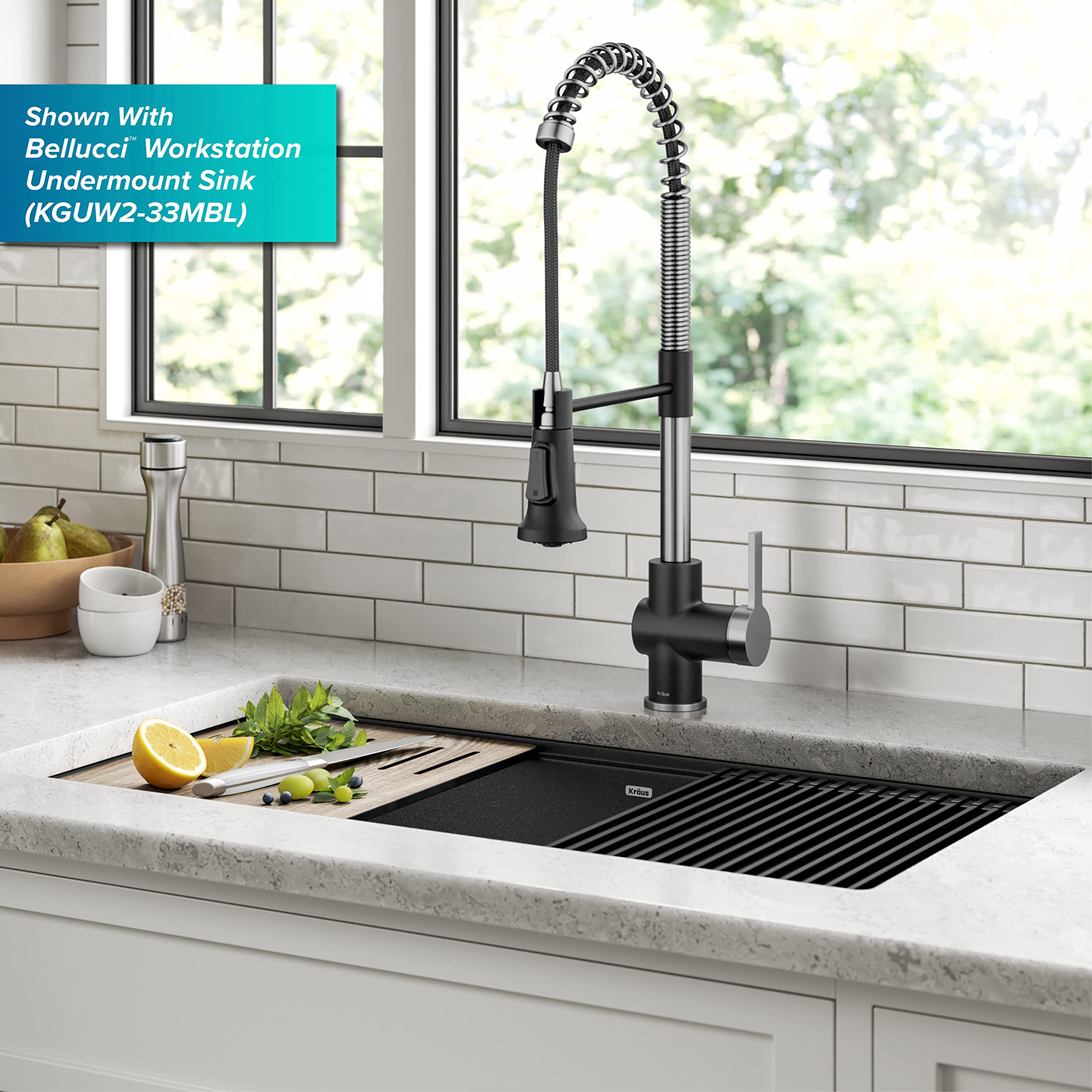 KRAUS Britt Commercial Style Pull-Down Single Handle Kitchen Faucet in Spot-Free Stainless Steel/Matte Black, KPF-1691SFSMB
