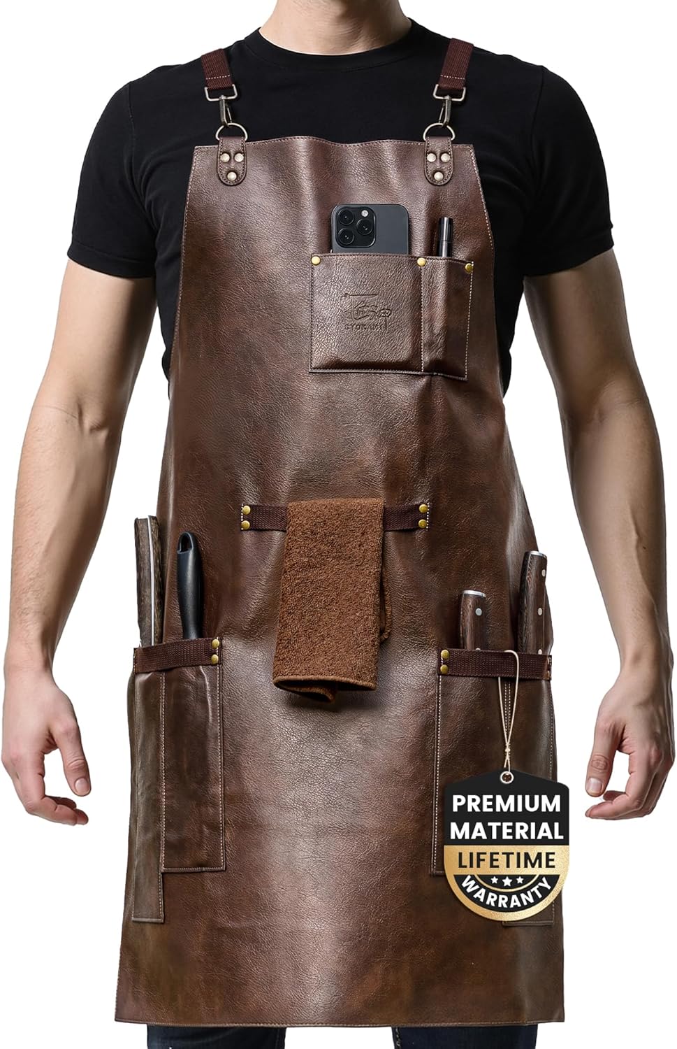 SYOKAMI Leather Chef Cooking Apron for Men, Cross Back Apron for All-Day Comfort, Waterproof Apron with Multiple Pockets, Great for Kitchen, Garden, BBQ, Butcher Work or Crafts, Ideal Gift