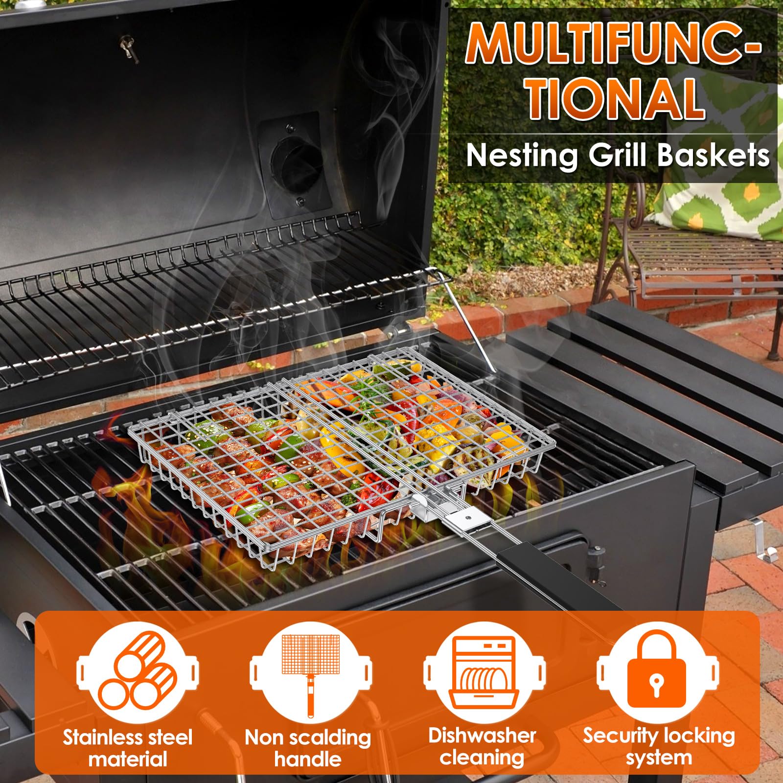 ZJRDYYK 2 Pack Fish Grilling Basket, Portable Stainless Steel BBQ Grill Basket with Safety Lock for BBQ Fish Vegetables Shrimp