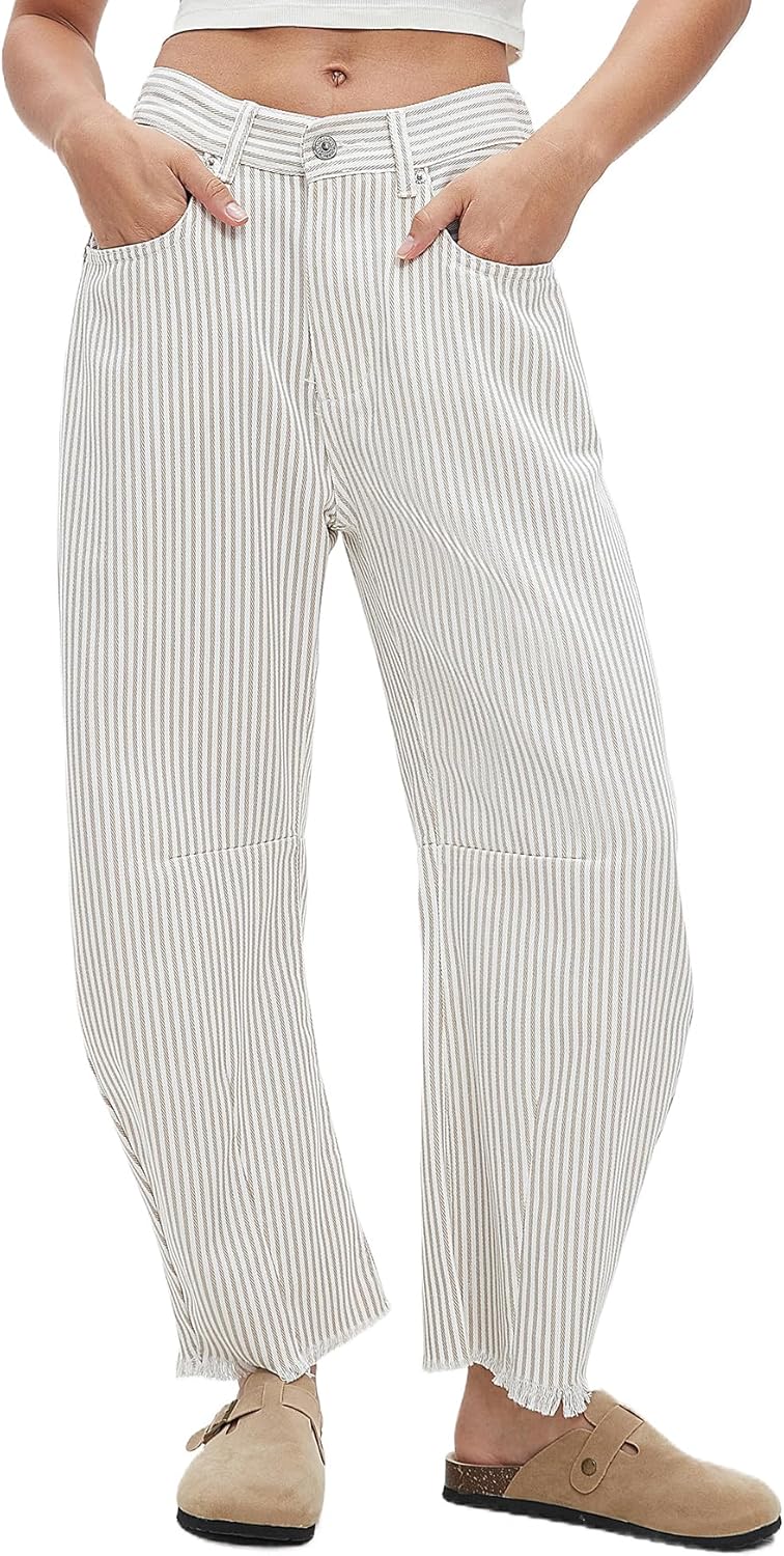 Kedera Women Stripe Barrel Jeans Casual Loose Denim Jeans Wide Leg Baggy Pants Mid Waist Boyfriend Jeans Y2k