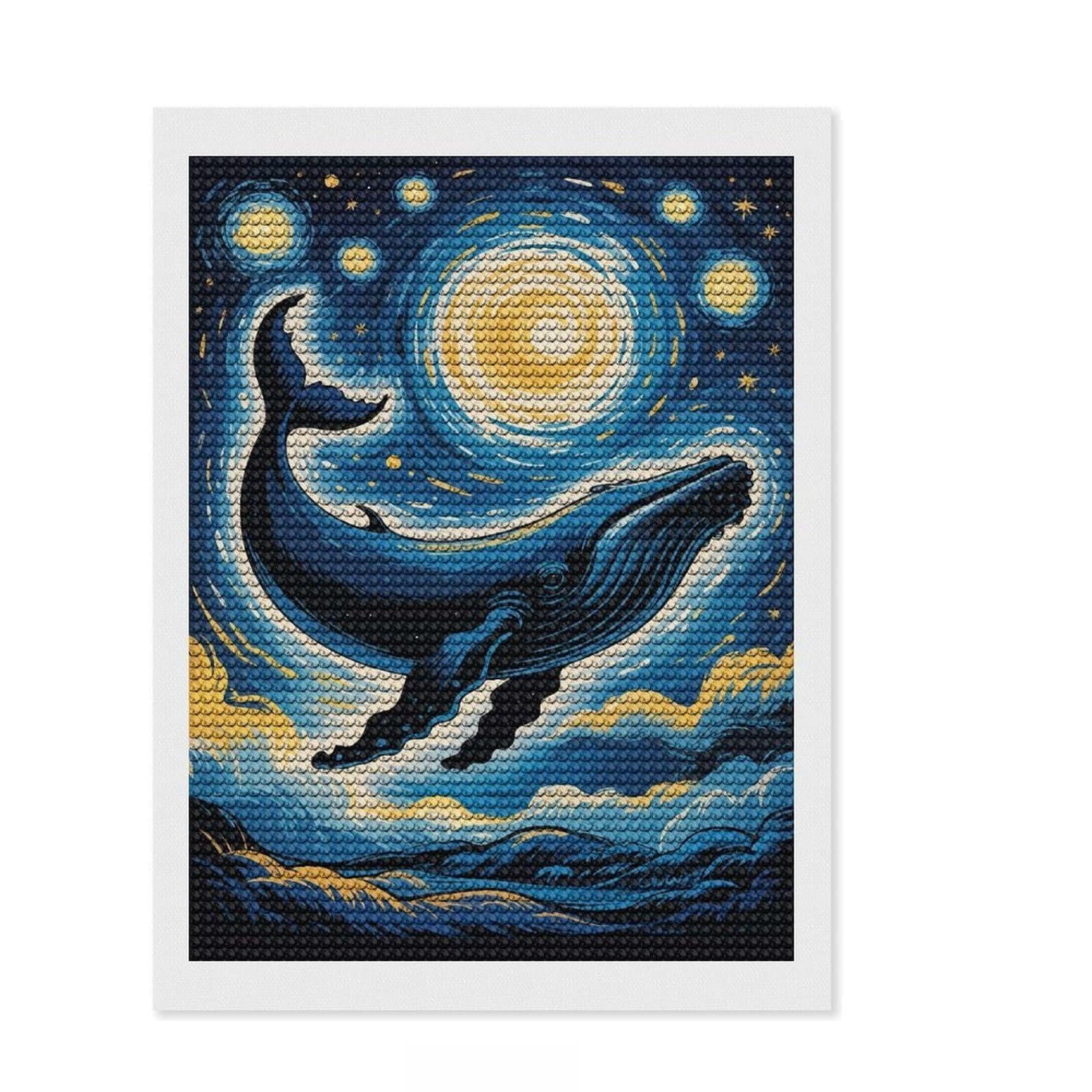 Junmoney Whale in Starry Night Sky Diamond Style Art Kit 12"x16", Boho Decor, Gift Idea, Farmhouse Decor, Winter Craft, Artistic Hobby