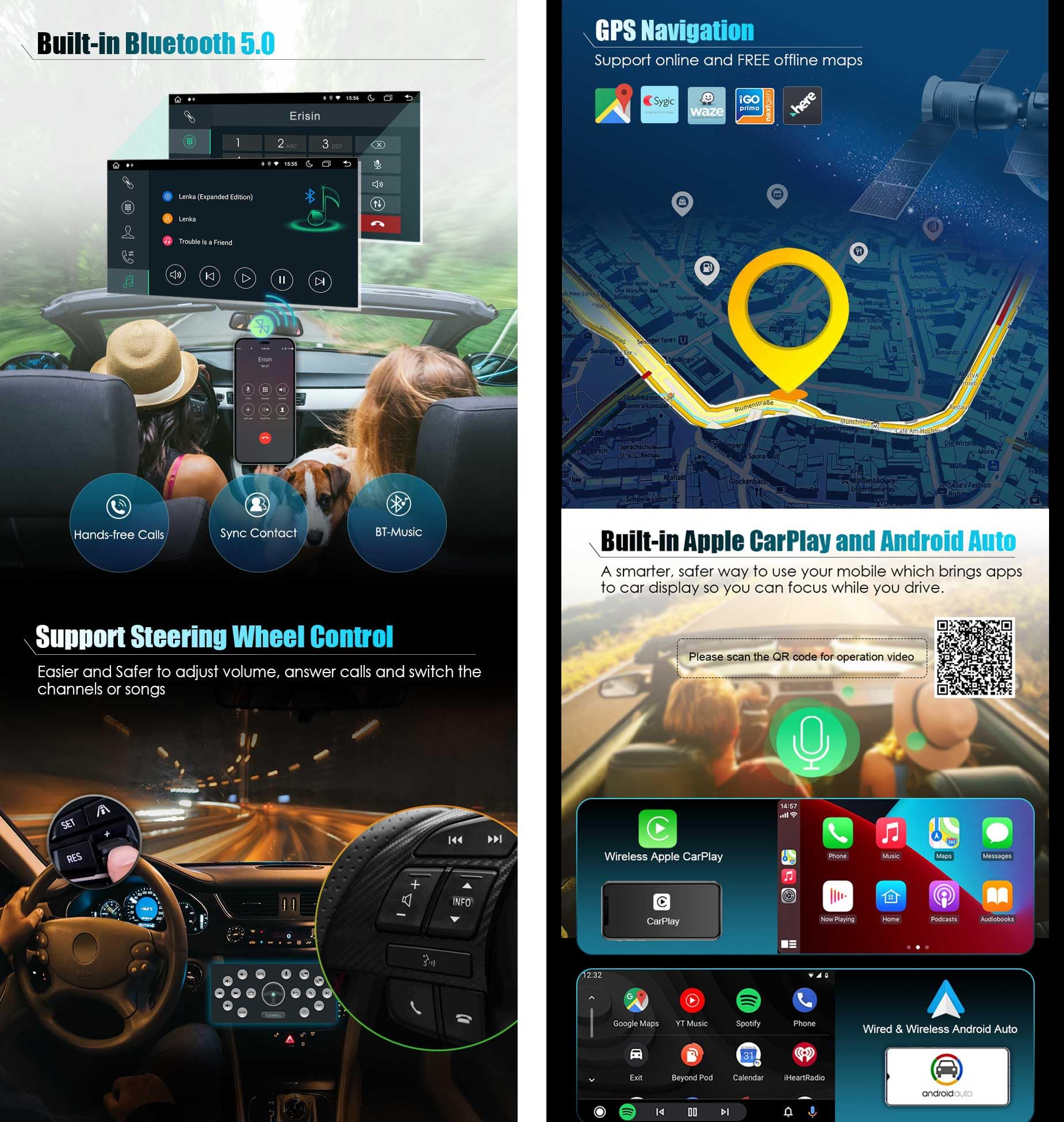 Erisin 7 pulgadas 8-Núcleo 4GB+64GB Android 14 Autoradio Bluetooth GPS Navegación para Volkswagen Touran Passat B6 Golf 5/6 Beetle Scirocco Polo Caddy T5 Seat Carplay Android Auto DSP WiFi DAB+ USB CD