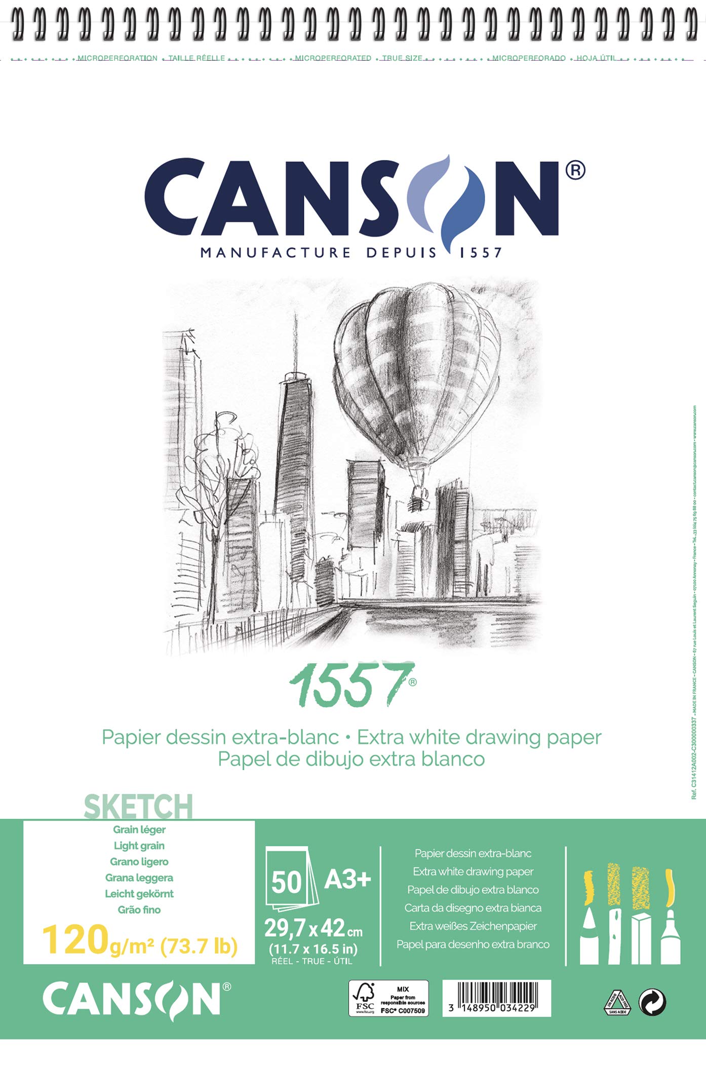 CANSON Papper à croquis A3 - Lot de 50 feuilles 120 g/m² extra blanc, grain clair