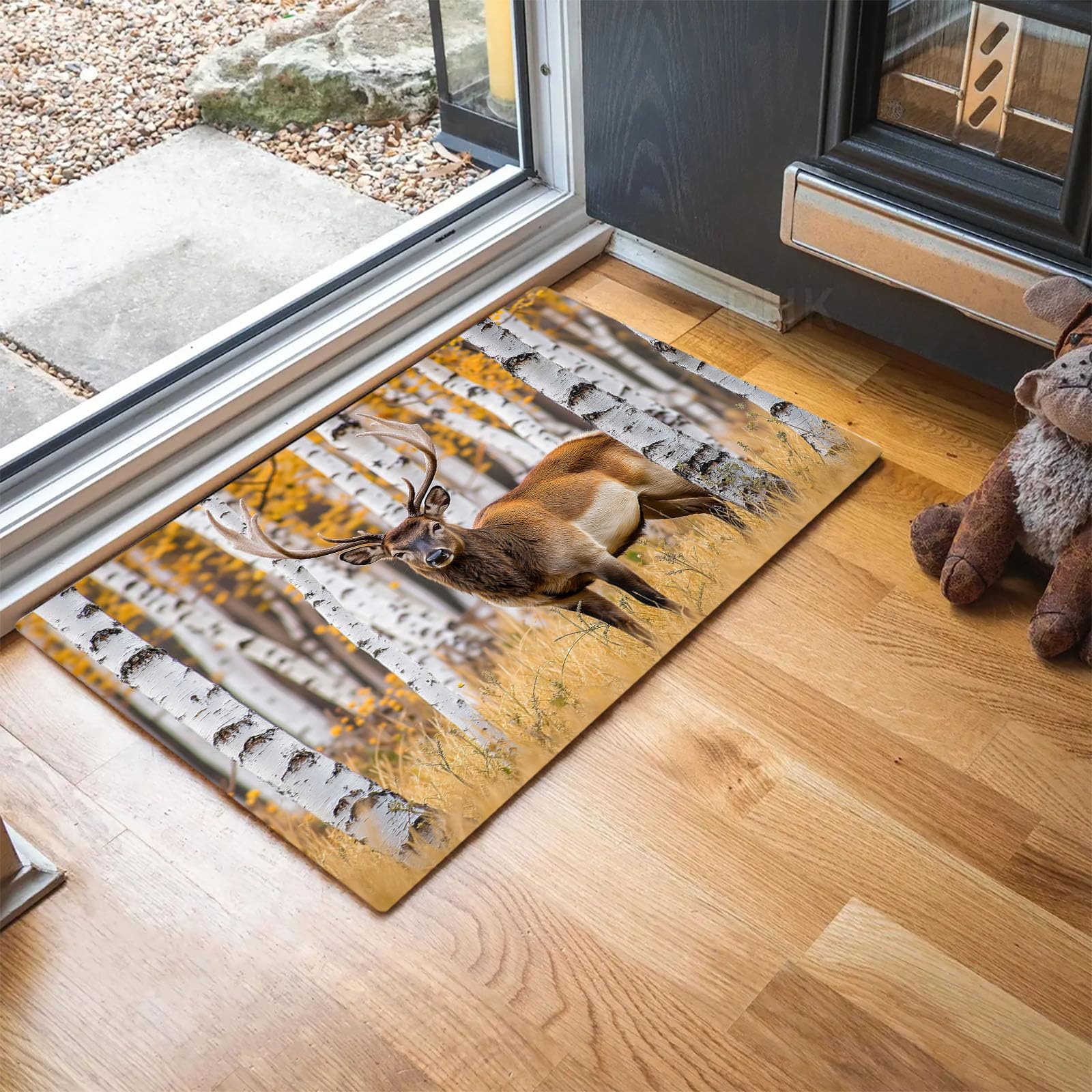 Felpudo Renos Hierba Bosque Abedules Lavable, Alfombra Pequeña Animales Otoño De 90X150Cm, Tapetes De Puerta Suaves Para Entrada, Alfombras De Entrada Antideslizantes Amarillo-Marrón De Pelo Bajo