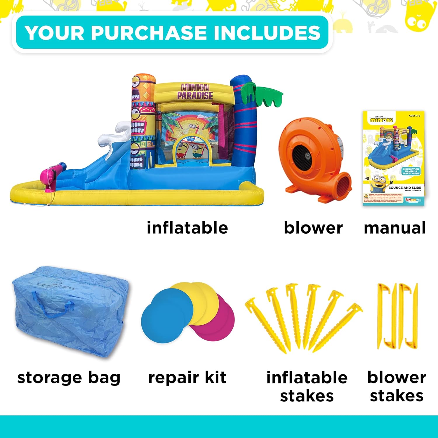 Funormous Minions Bounce House with Slide, Ball Pit & Water Cannon – Indoor/Outdoor Tropical Inflatable with GFCI Air Blower for Kids Ages 3–8