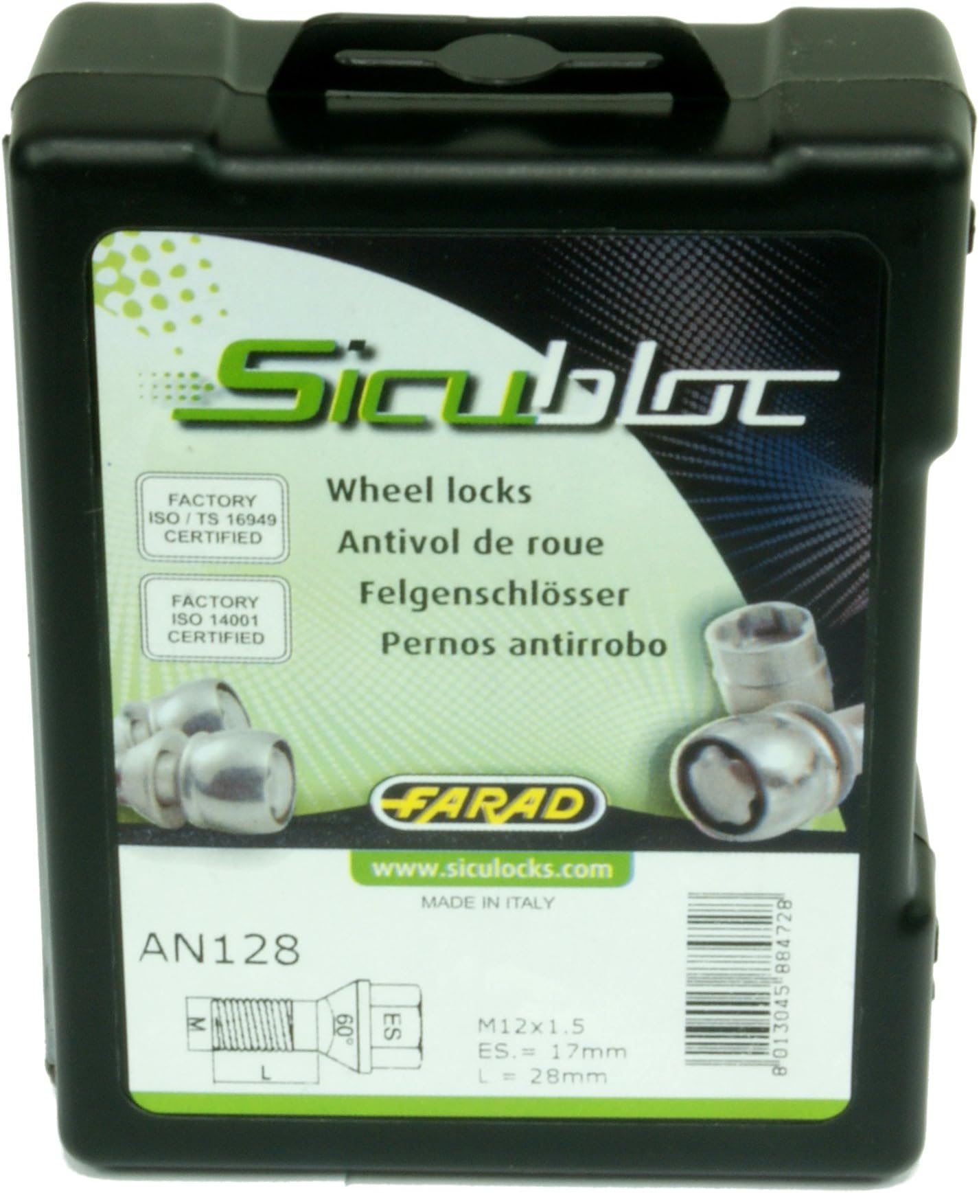 1 Set SICU Block Rim Locks Anti-Theft M12x1,25 36 mm Ribbon sw 17 + Adapter BY Farad/Wheel Locks/Set/Made in Italy/Alloy/Steel Wheel/SW 17/Citroen Peugeot/Mito/145/146/156/Hardened Steel SAXO ZX/C3 Picasso C5/Xsara/Berlingo/XM/106/306/205/206/207/307/406/508 607 1007/3008/5008/partner/Cactus/Jumpy Xantia/Nemo/C4/Bipper