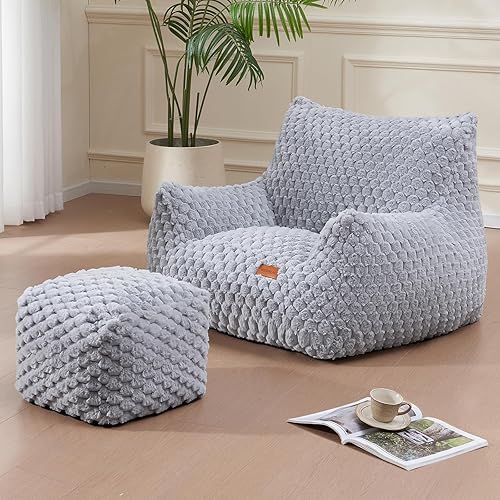 Vista 12 de Silla Puf con Otomana, Sofá Puf Gigante Moderno con Reposapiés, Sillas Puf Grandes de Descanso para Adultos y Adolescentes, Cómoda Silla de Lectura