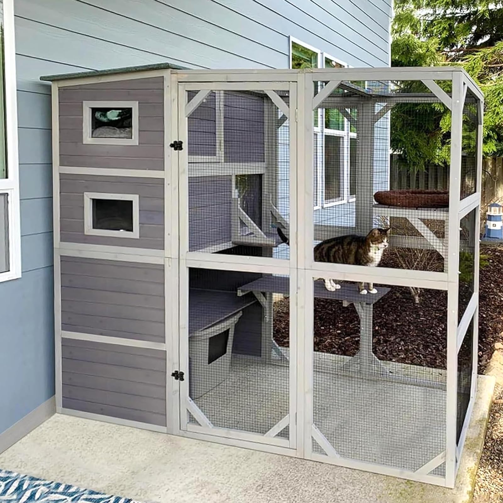 Aivituvin Catio Outdoor Cat Enclosure Feral Cat House Large Kitty Shelter with Run Cat Cage with Platforms 76.8" L x 35.8" W x 69.3" H,Grey