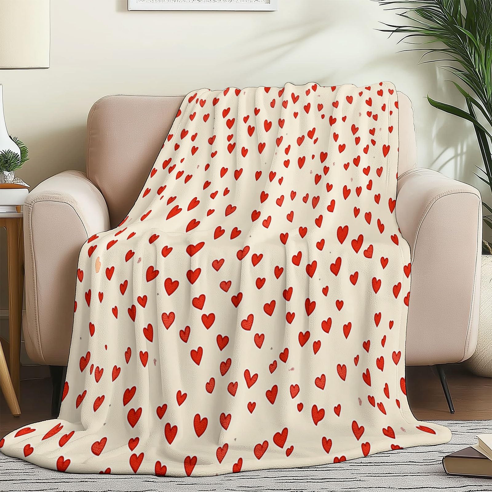 Nowy termiczny super miękki flanelowy koc narzuta na łóżko podwójne (200 x 220 cm) - kremowy miękki ciepły gruby dwustronny pokrowiec na sofę, minimalizm romantyzm miłość koc na sofę do salonu