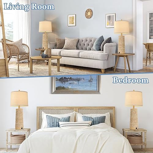 Miniatura 6 de Juego de 2 lámparas de mesa de ratán grandes de mimbre de 27 pulgadas con puertos de carga USB duales, lámparas de noche bohemias para mesita de