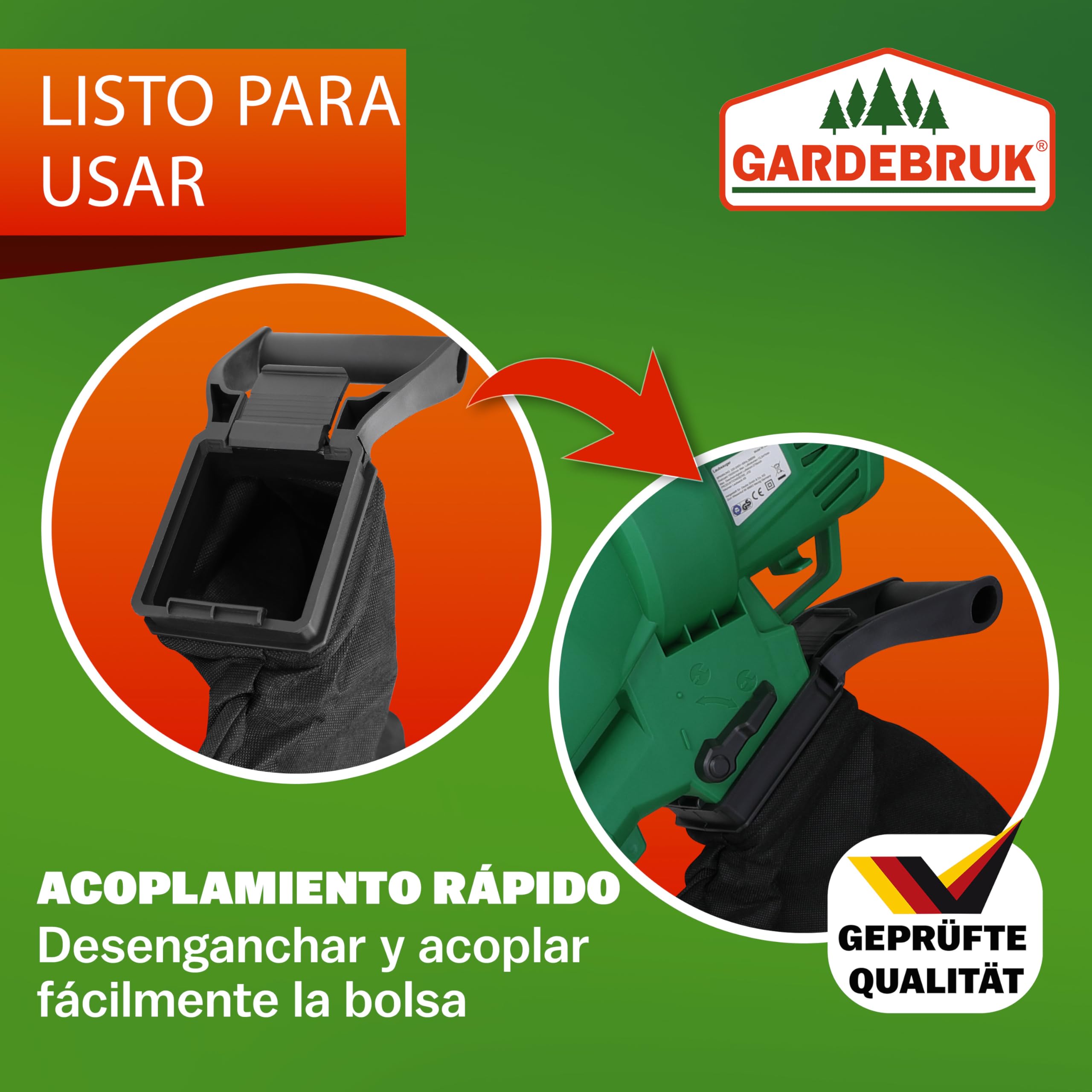 GARDEBRUK® Soplador de Hojas, Aspirador, Soplado 270km/h, Capacidad 13,2m³/min, Función Trituradora, 3en1 Bolsa, 45L, Herramienta Jardinería, 3000W, Sopladores Exteriores Potentes, Ligero