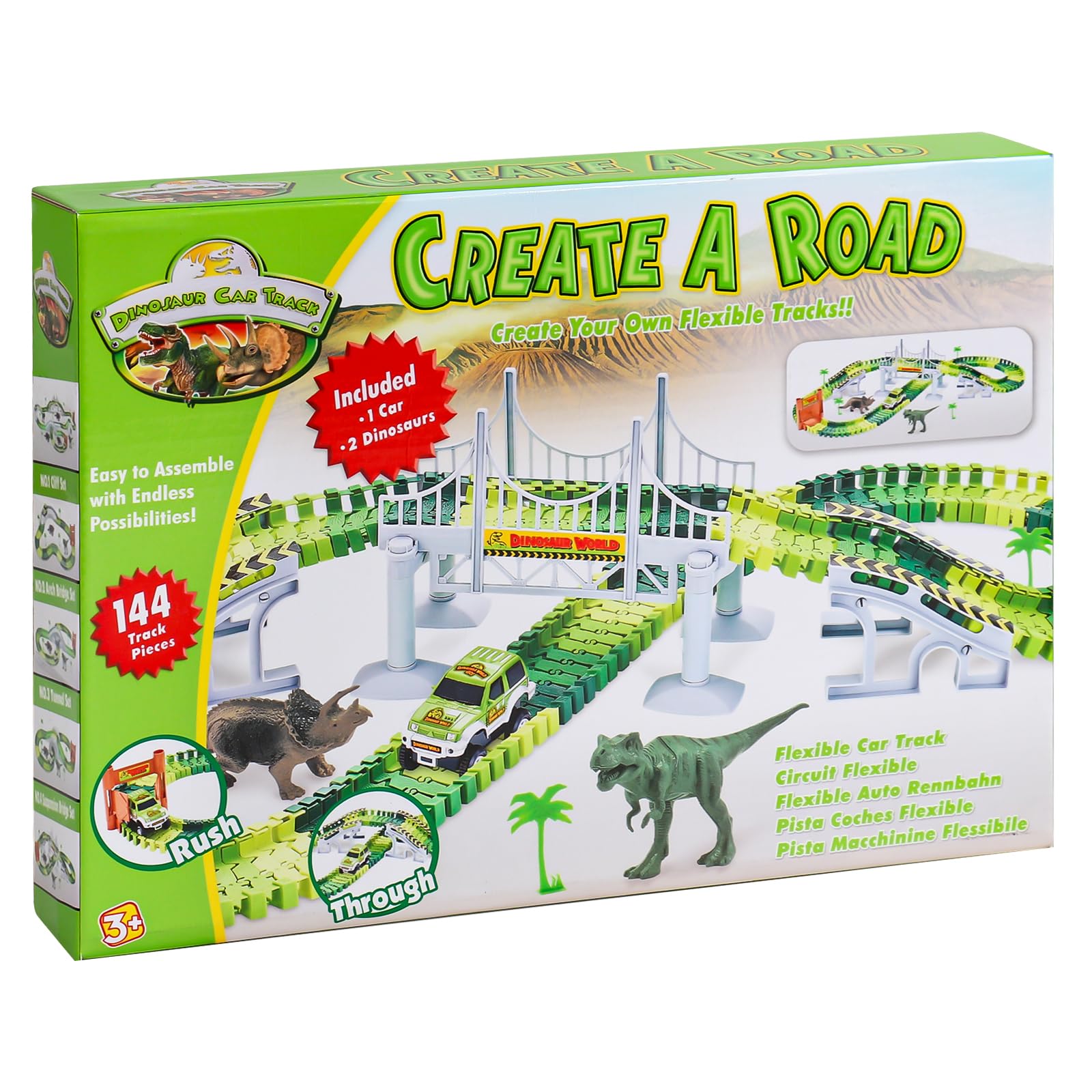 Circuit Voiture Enfant Dinosaure Flexible Tracks Car Jouet De Piste 142Pièces Cadeau Garcon, Train Electrique Educatif Jouet Fille 3 4 5 6 Ans