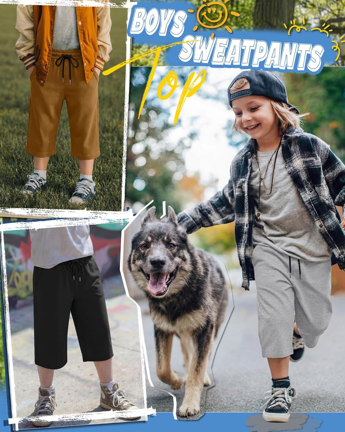 3 Pack Boys Capri Pants Teen Kids Wide Leg Drawstring Joggers Below Knee Shorts 3/4 Baggy Sweatpants with Pockets