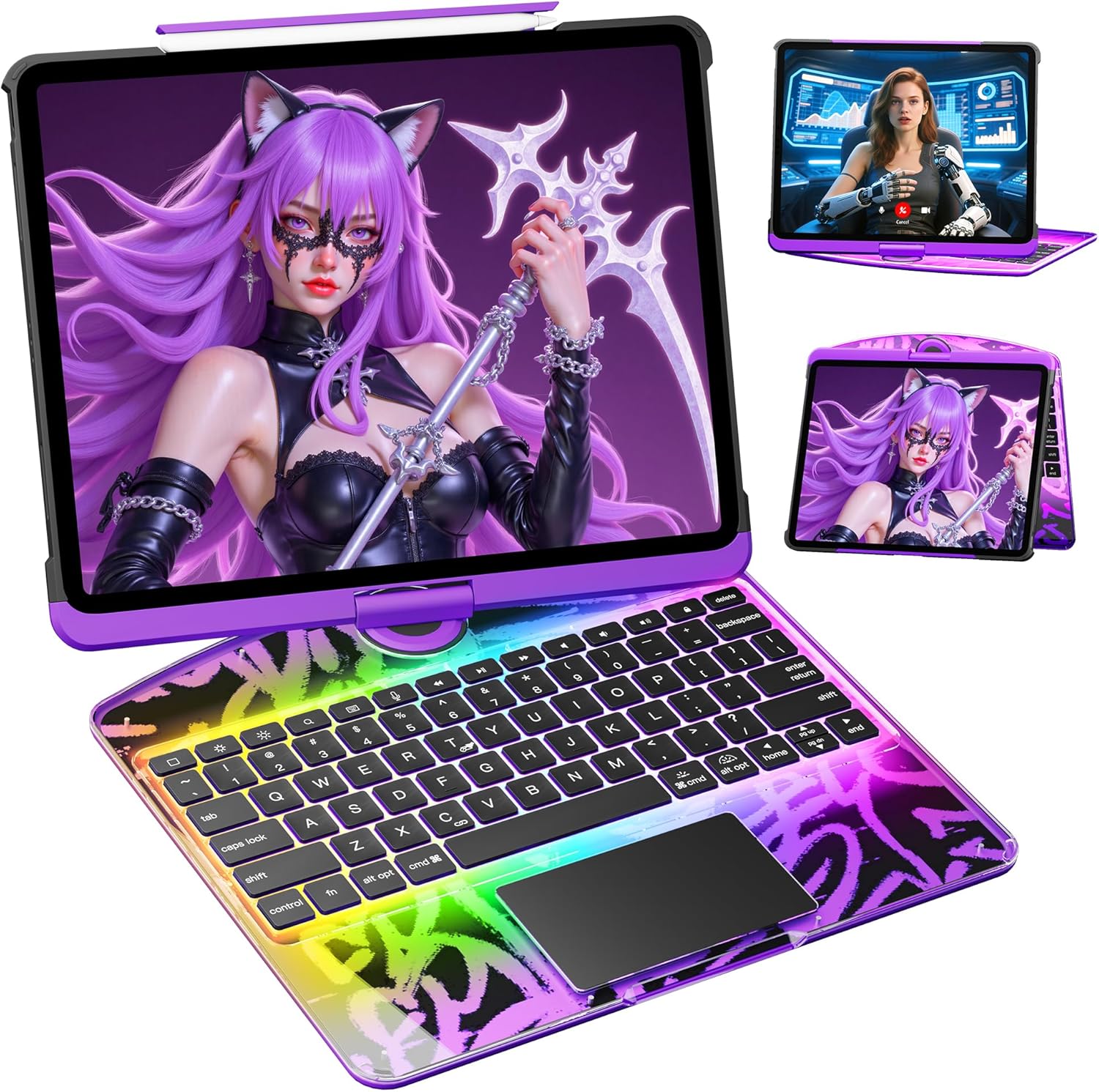 KITONE Transparent Case with Wireless Keyboard only for 2024 iPad Pro 13-in.(M4), 7 Colors Backlight, Trackpad, 360Rotating Stand for iPad Pro 13, Tech Style