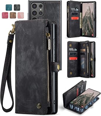 Case Compatible with Samsung Galaxy S25 Ultra,Genuine Leather Wallet Detachable Magnetic Cell Phone Cover Wireless Charge Zipper Purse RFID Blocking Card Slot Holster Black, S25 Ultra