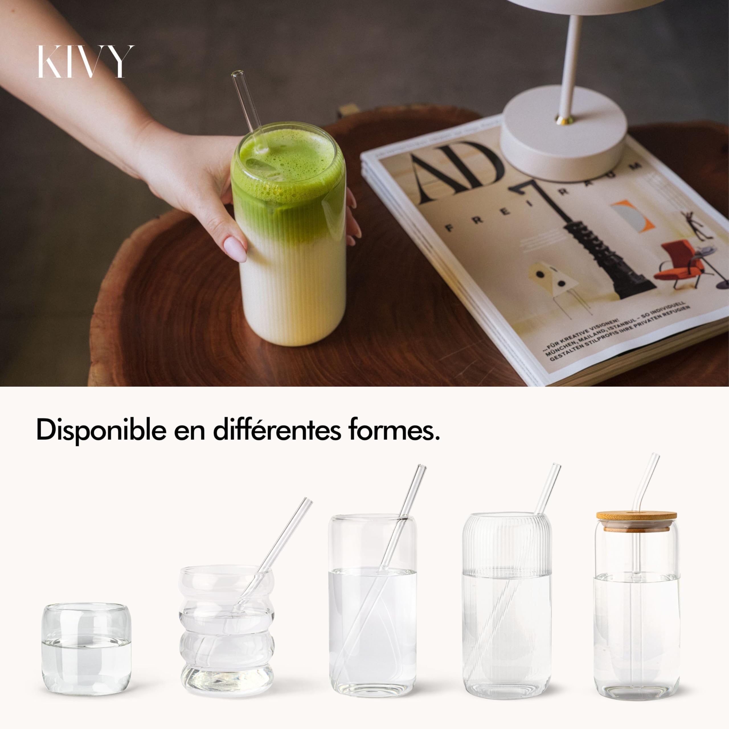 KIVY Set de Verre avec Paille [4x 350ml] - Verres à Eau, Café Glacé et Matcha - Verres à Café et à Latte Macchiato - Pour Smoothies, Jus et Cocktails - Verre à Bulles Effet Bubble - Sans BPA