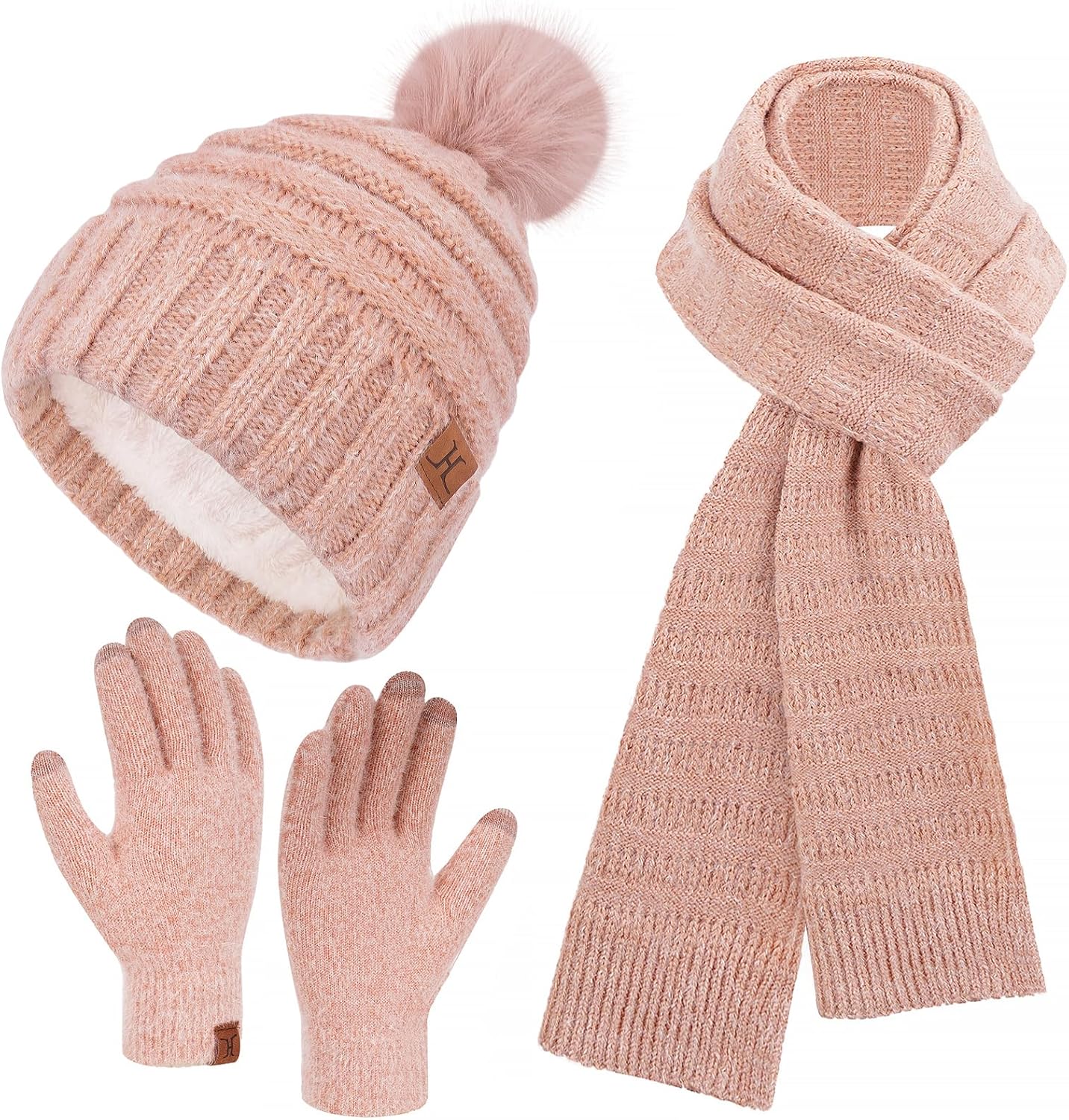 Womens Winter Hats Beanie Touchscreen Gloves Long Scarf Set Knit Warm Caps with Pom Fleece Gifts for Women