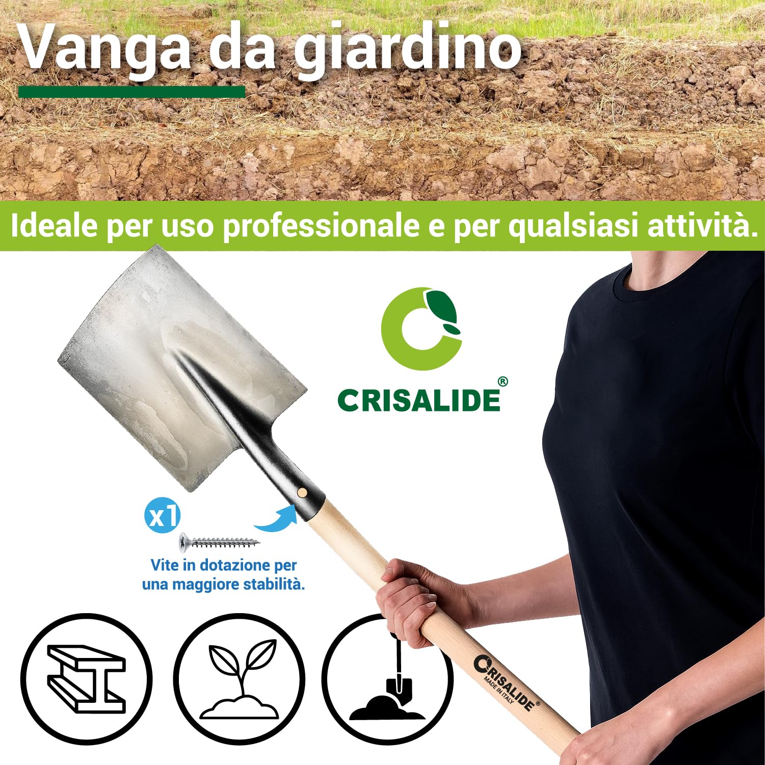 Crisalide® Vanga da Giardino in Acciaio – Manico in Legno di Faggio da 135 cm – Lama Rettangolare per Scavo, Trapianto e Lavori su Tutti i Terreni – Robusta, Professionale e Affilata