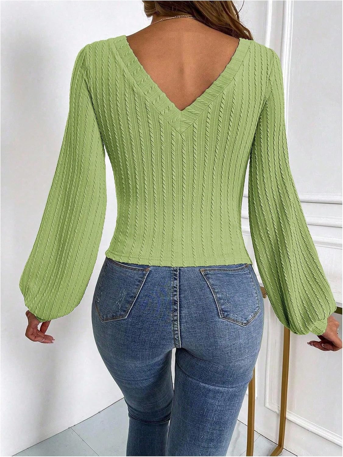 OYOANGLE Women's Textured Lantern Long Sleeve Tshirts V Neck Dressy Fall Tee Tops - Image 3