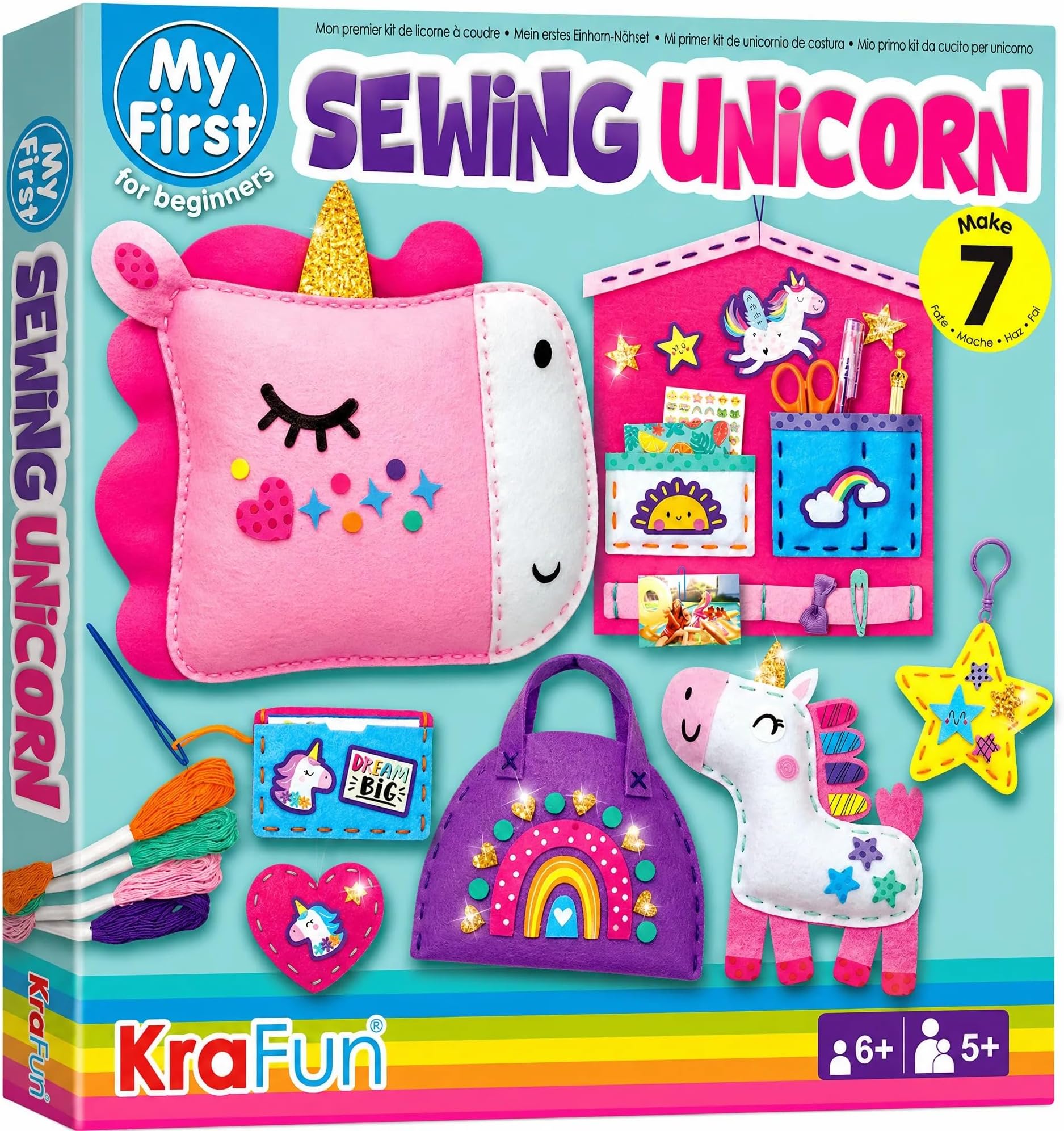 KRAFUN My First Unicorn Kids Sewing kit, Beginner Arts & Crafts, Make 8 Cute Projects with Plush Stuffed Animal, Pillow, Mobile, Keyring and Bag, Instructions & Felt for Learn Sewing, Embroidery