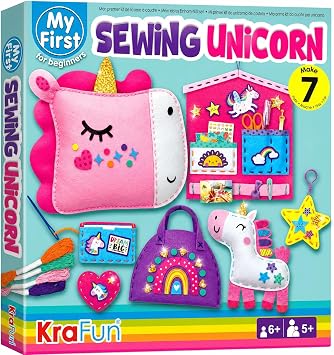 KRAFUN My First Unicorn Sewing Kit for Kids, Beginner Crafts with 5 DIY Projects Stuffed Animal, Pillow, Mobile, Keyring, Bag, Plush Felt, Instructions, Embroidery Supplies, Pre-Punched Fabric