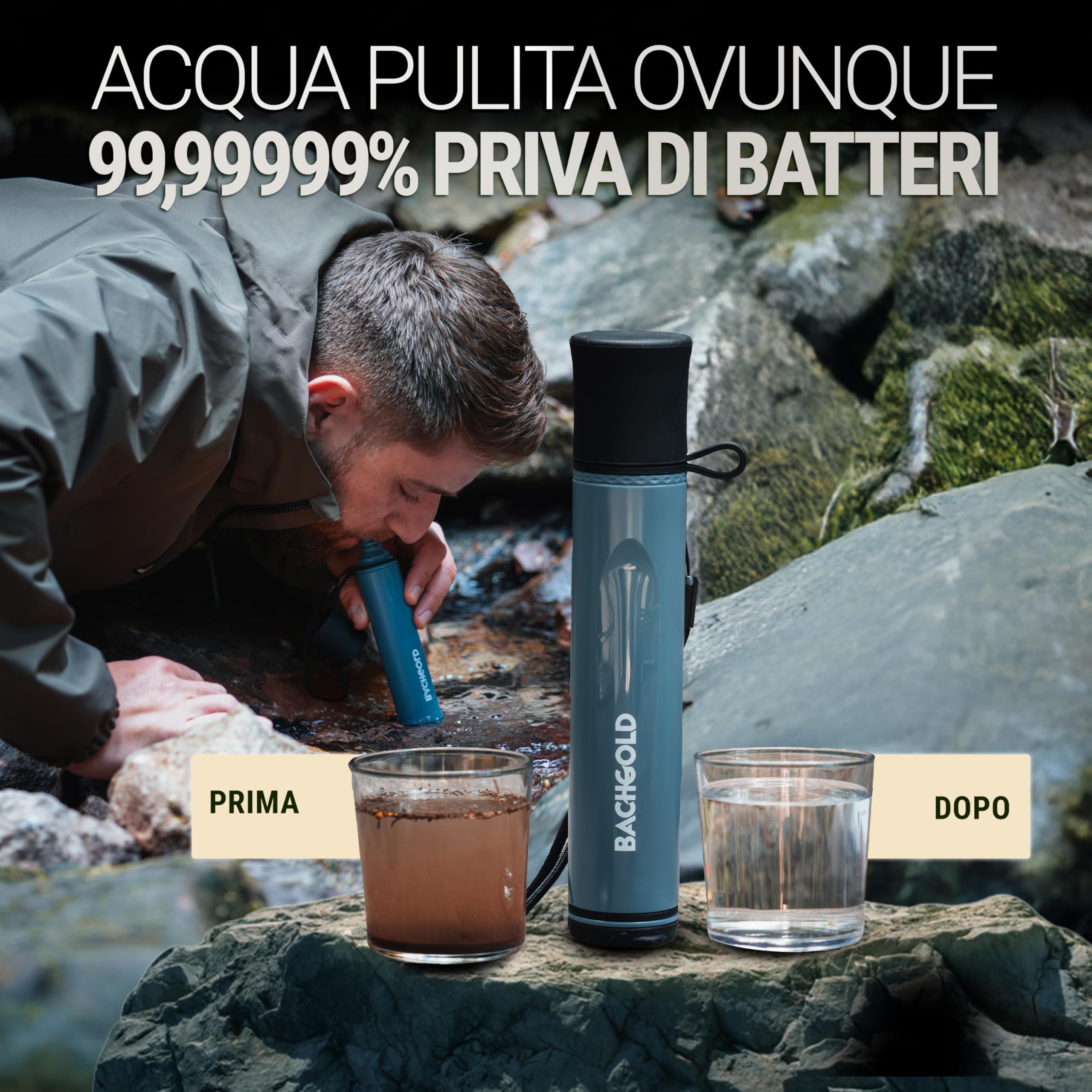 Bachgold Potabilizzatore Acqua Sopravvivenza – Cannuccia Purificatore Portatile Rimuove 99,99% Virus, Batteri & Protozoi – Tubo 70 cm, Elettroadsorbente Ahlstrom + Carbone Attivo, Nero