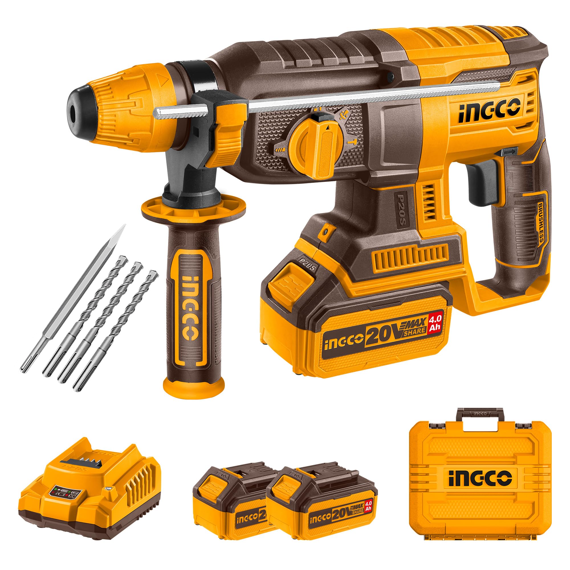 INGCO 20V Brushless Rotary Hammer Drill, 2.5J, 0-1100RPM, SDS Plus