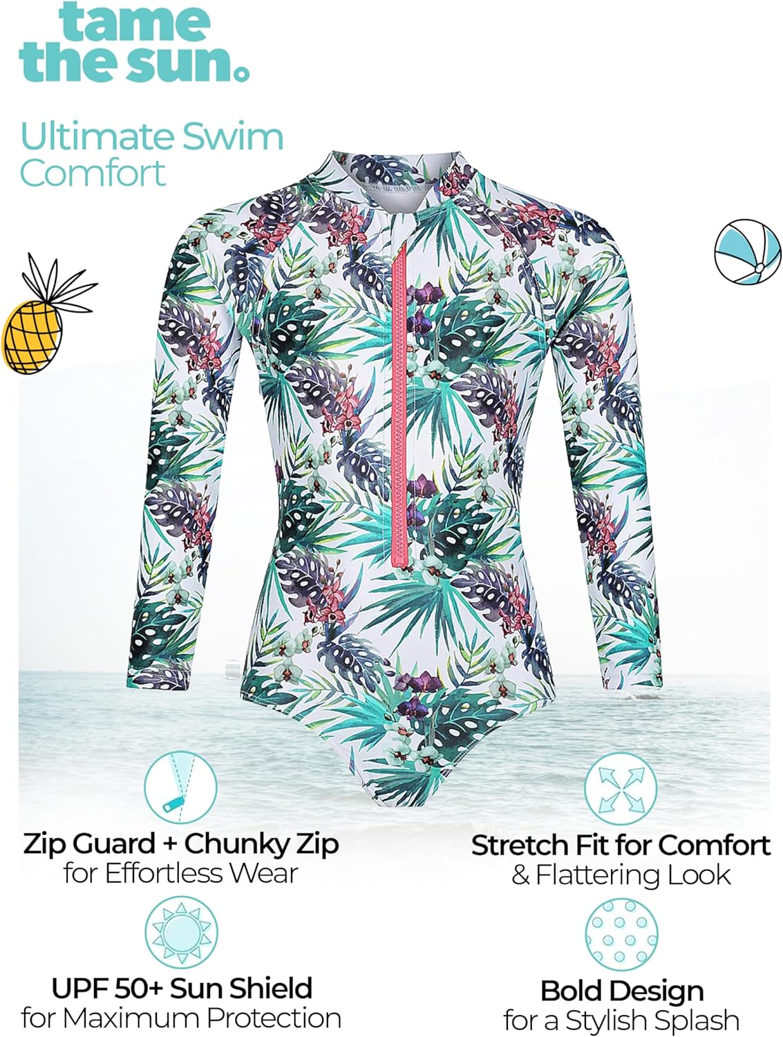 Tame the Sun Long Sleeve Girls' Swimsuit - Rash Guard with Frills, UPF 50+ Zipper Swimwear - Bathing Suit for Ages 3-12 - Image 6