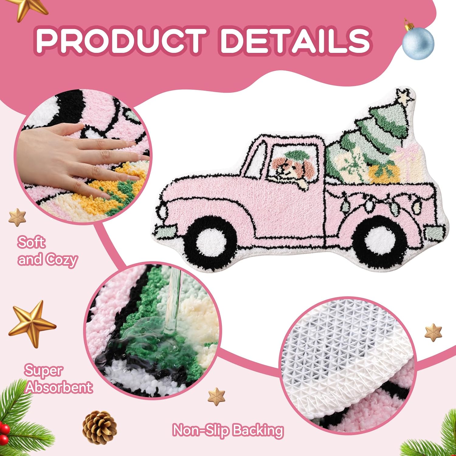 TRUEDAYS Christmas Bathroom Rugs - Cute Pink Truck Bath Mat for Bathroom Non Slip Absorbent Bath Mat for Holiday Home Decor (21'' x 31'')